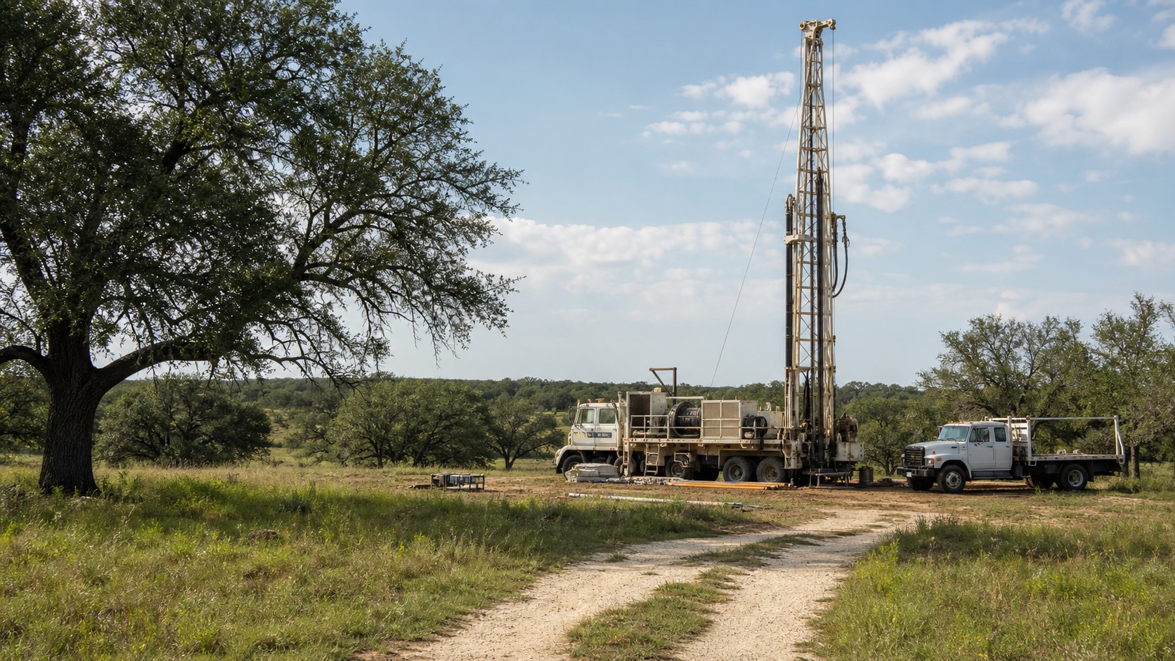 Lee County Texas ranch drilling site and service equipment Lee County Texas ranch drilling site with water well rig and service truck