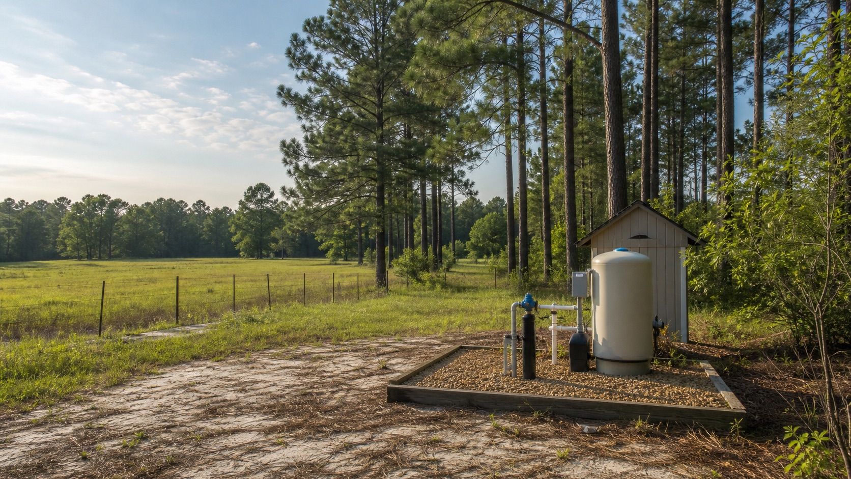 Water well drilling Montgomery County Texas acreage pump house near pine trees