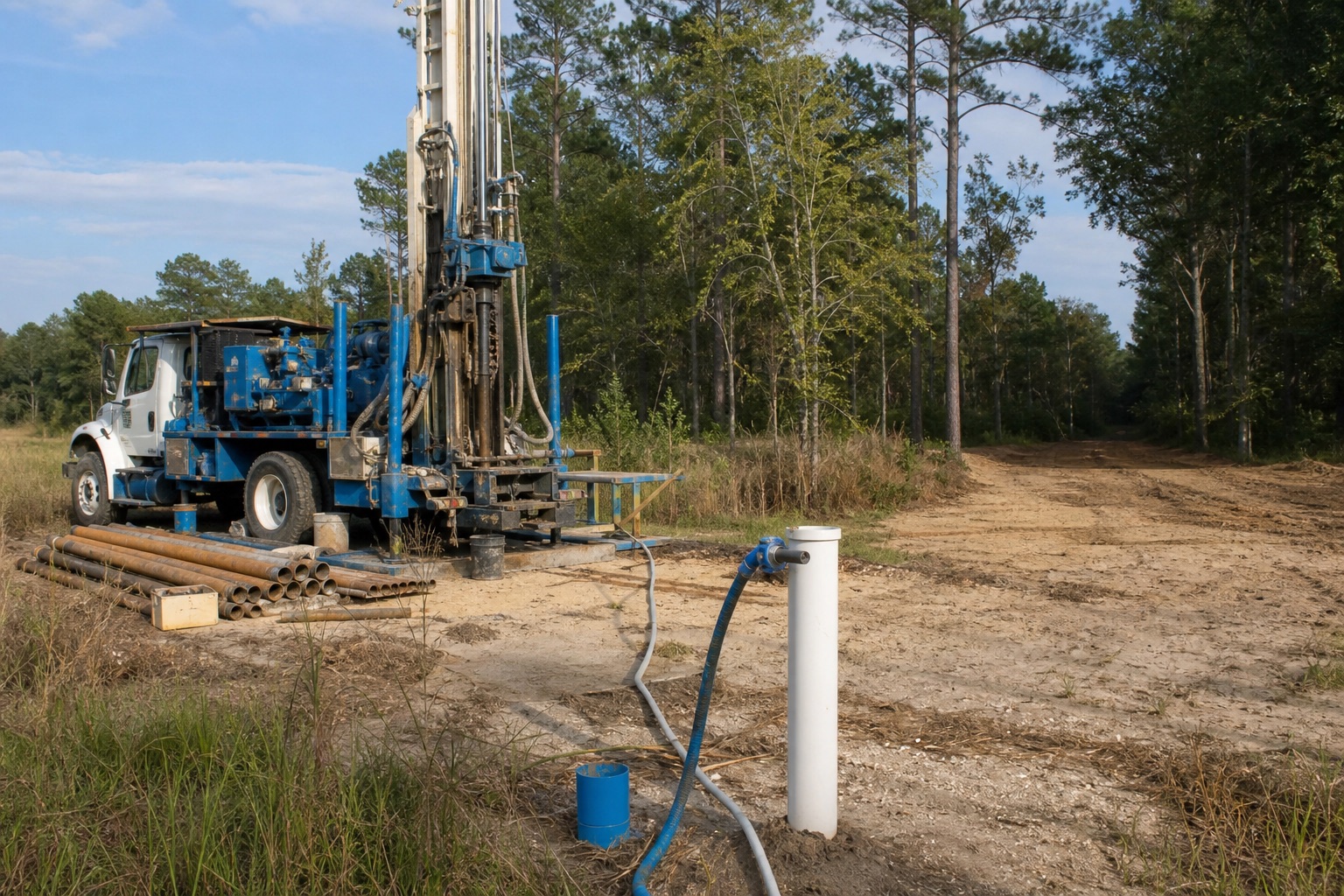 Drilling and casing scope for Montgomery County planning Water well drilling rig and casing setup shown for Montgomery County planning