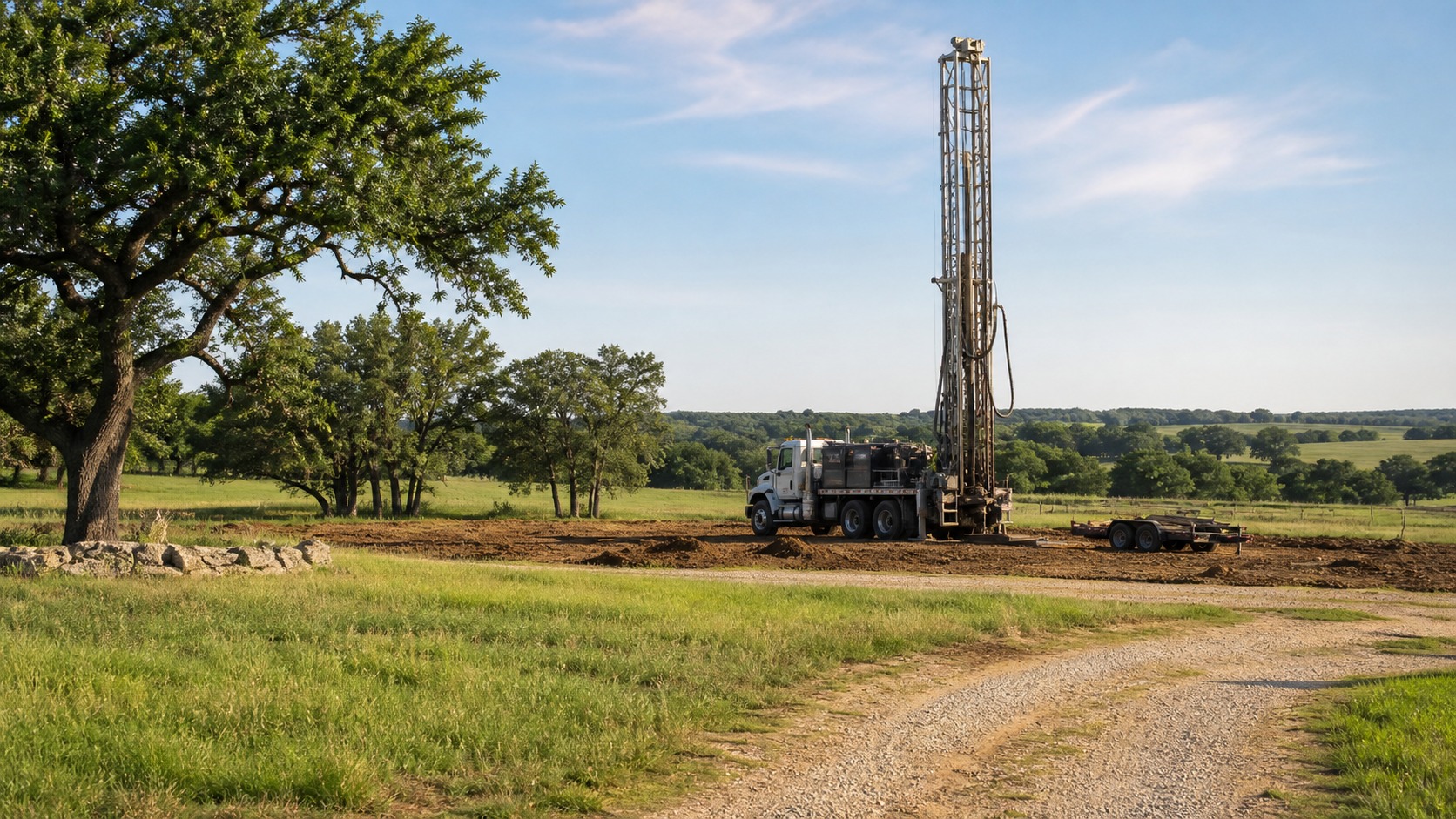 Washington County Texas Brenham-area acreage homesite with water well drilling rig