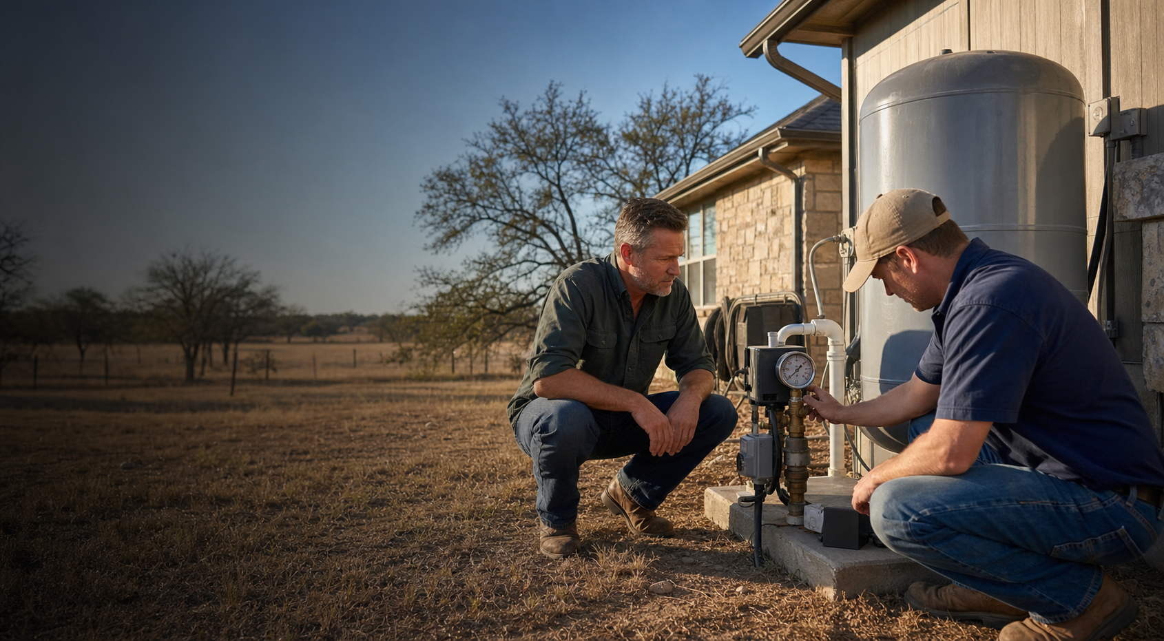 Texas private well check valve failure pressure system inspection at a rural home
