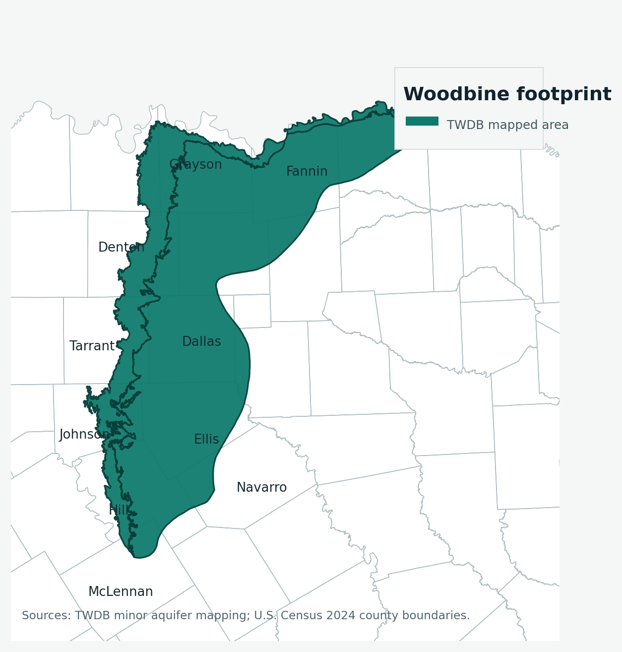 Woodbine Aquifer Texas TWDB coverage map with county boundaries Woodbine Aquifer Texas coverage map with TWDB footprint and county boundaries