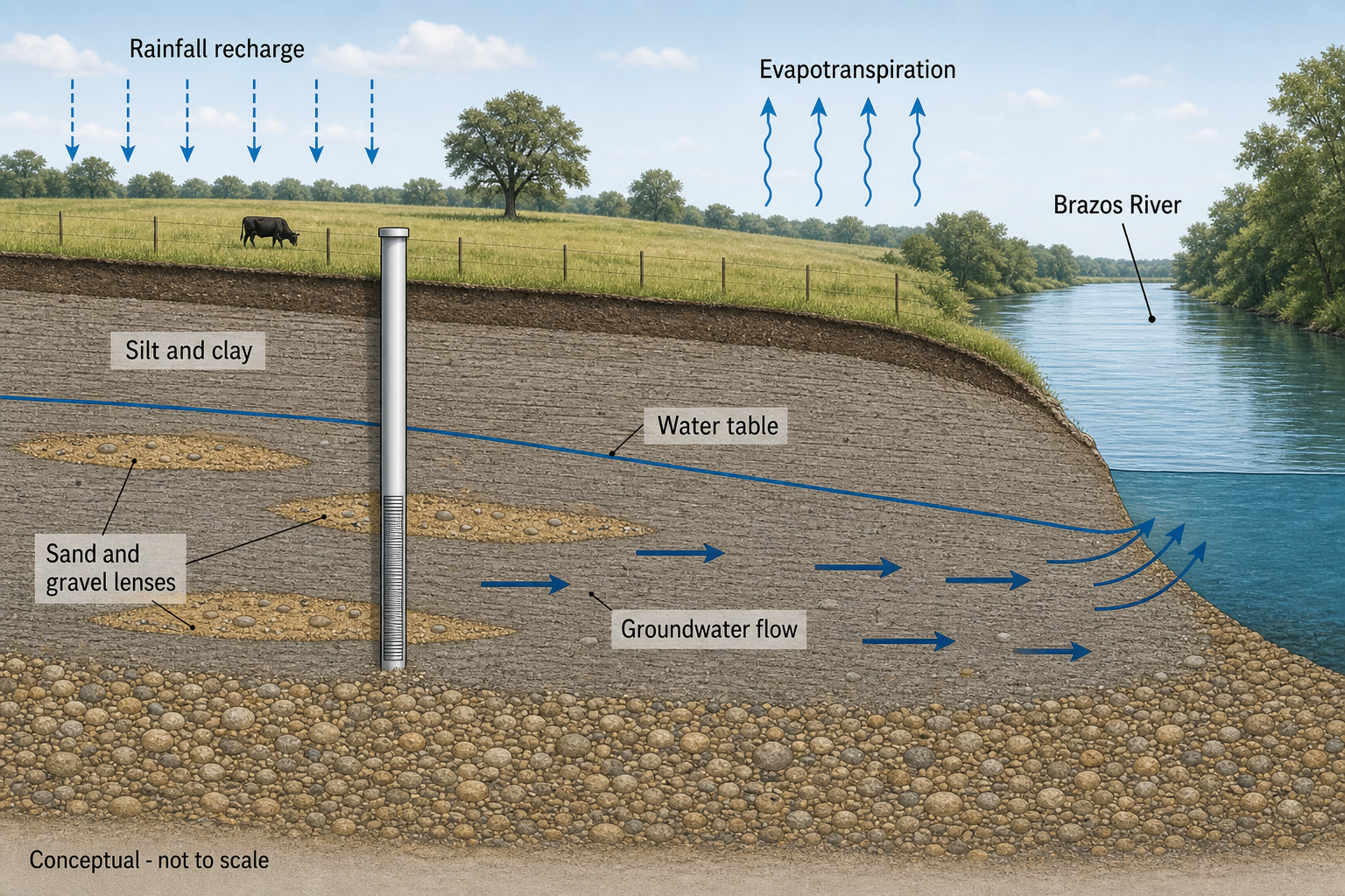 Brazos River Alluvium Texas river recharge and discharge diagram Brazos River Alluvium Aquifer Texas river groundwater cross section