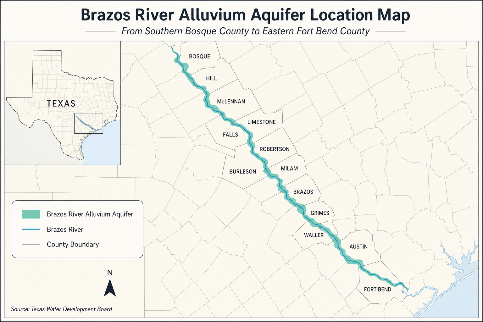Brazos River Alluvium Aquifer Texas official coverage map Brazos River Alluvium Aquifer Texas thirteen county coverage map