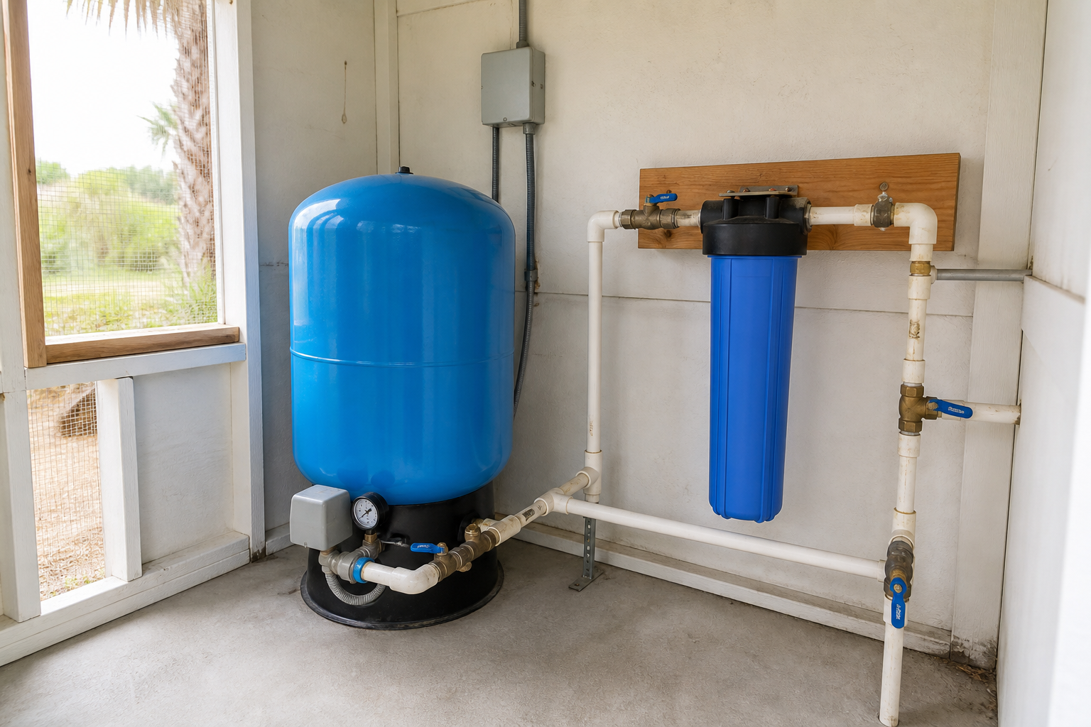 Calhoun County Texas private well pressure tank and filter system for a rural home