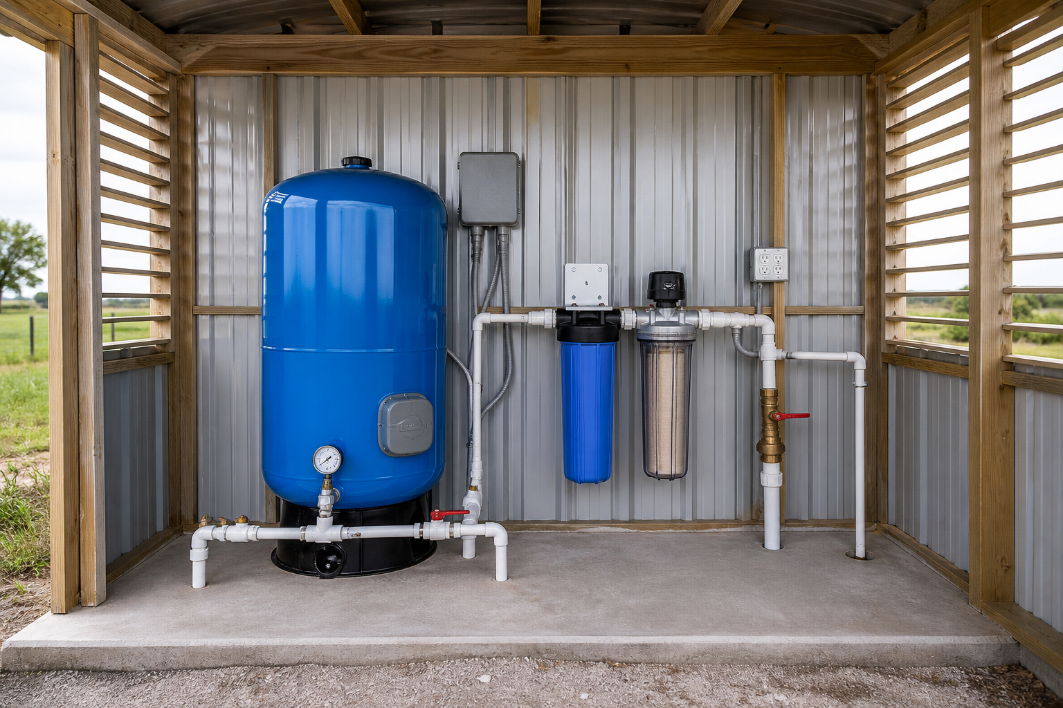 Private well pressure and filtration system in Cameron County Texas Cameron County Texas private well pressure tank and filtration system for a rural home