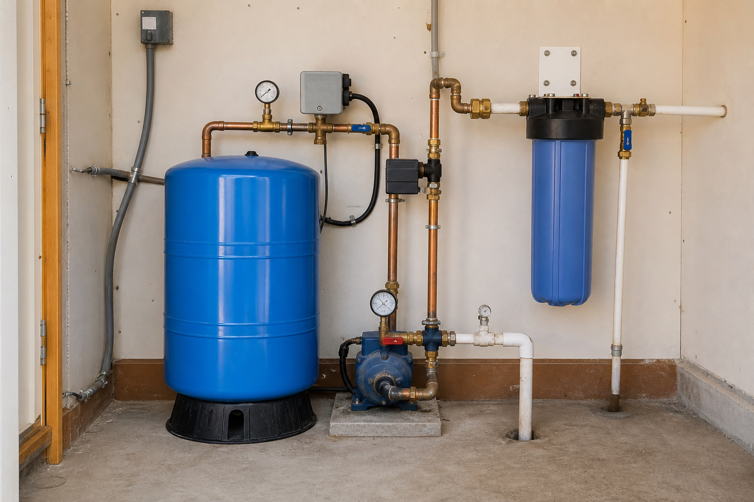 Private well pressure and filtration system in Camp County Texas Camp County Texas private well pressure tank and filtration system for a rural home