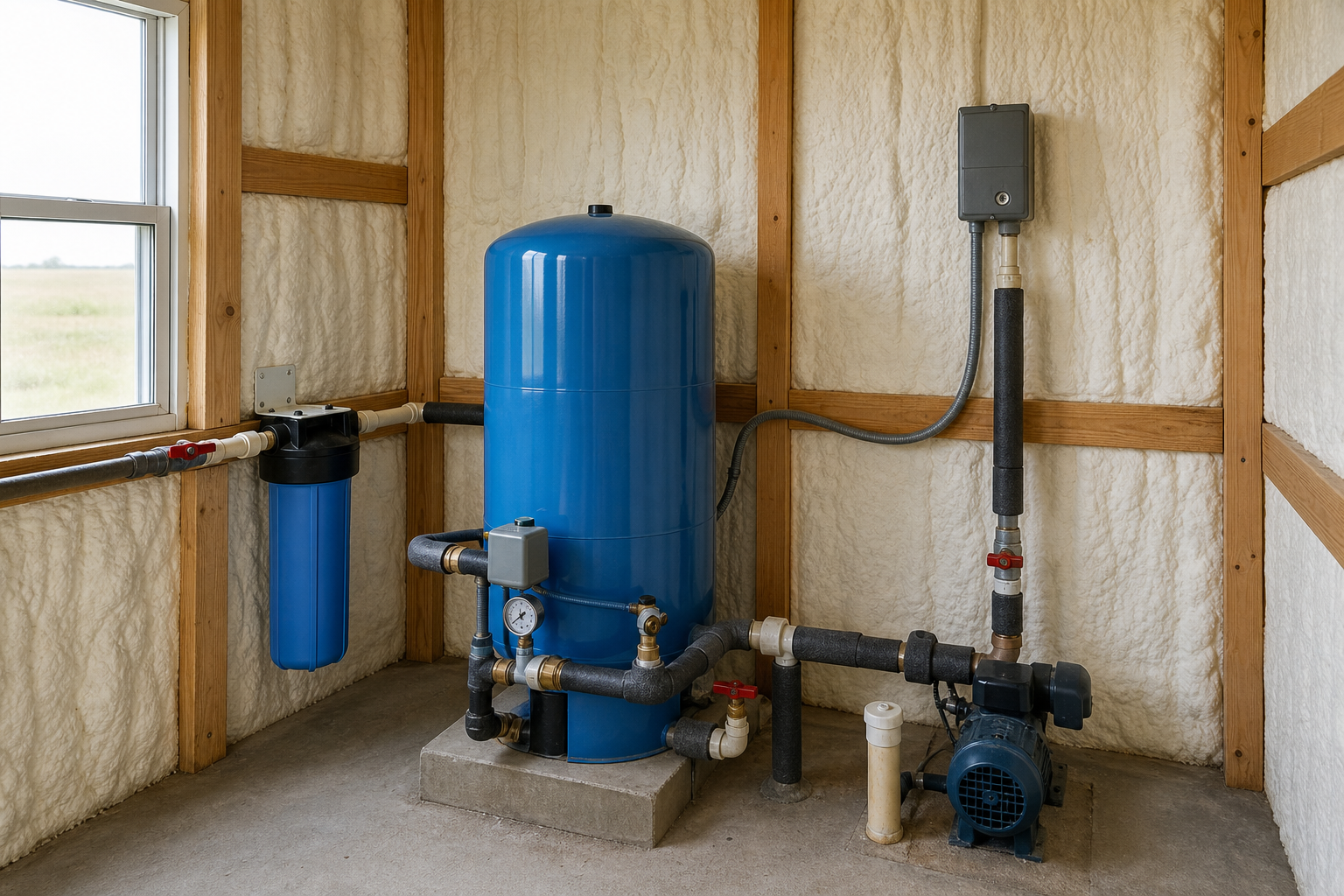 Private well pressure and filtration system in Carson County Texas Carson County Texas private well pressure tank and filtration system for a rural home
