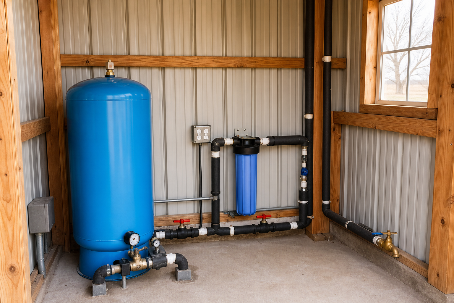 Private well pressure and filtration equipment near Hart in Castro County Texas Castro County Texas private well pressure system inside rural Hart pump house