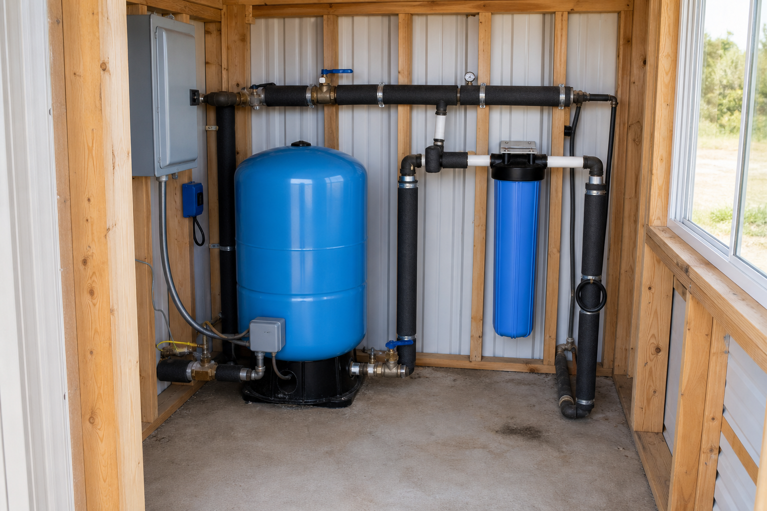 Childress County Texas private well pressure system inside rural Kirkland pump house
