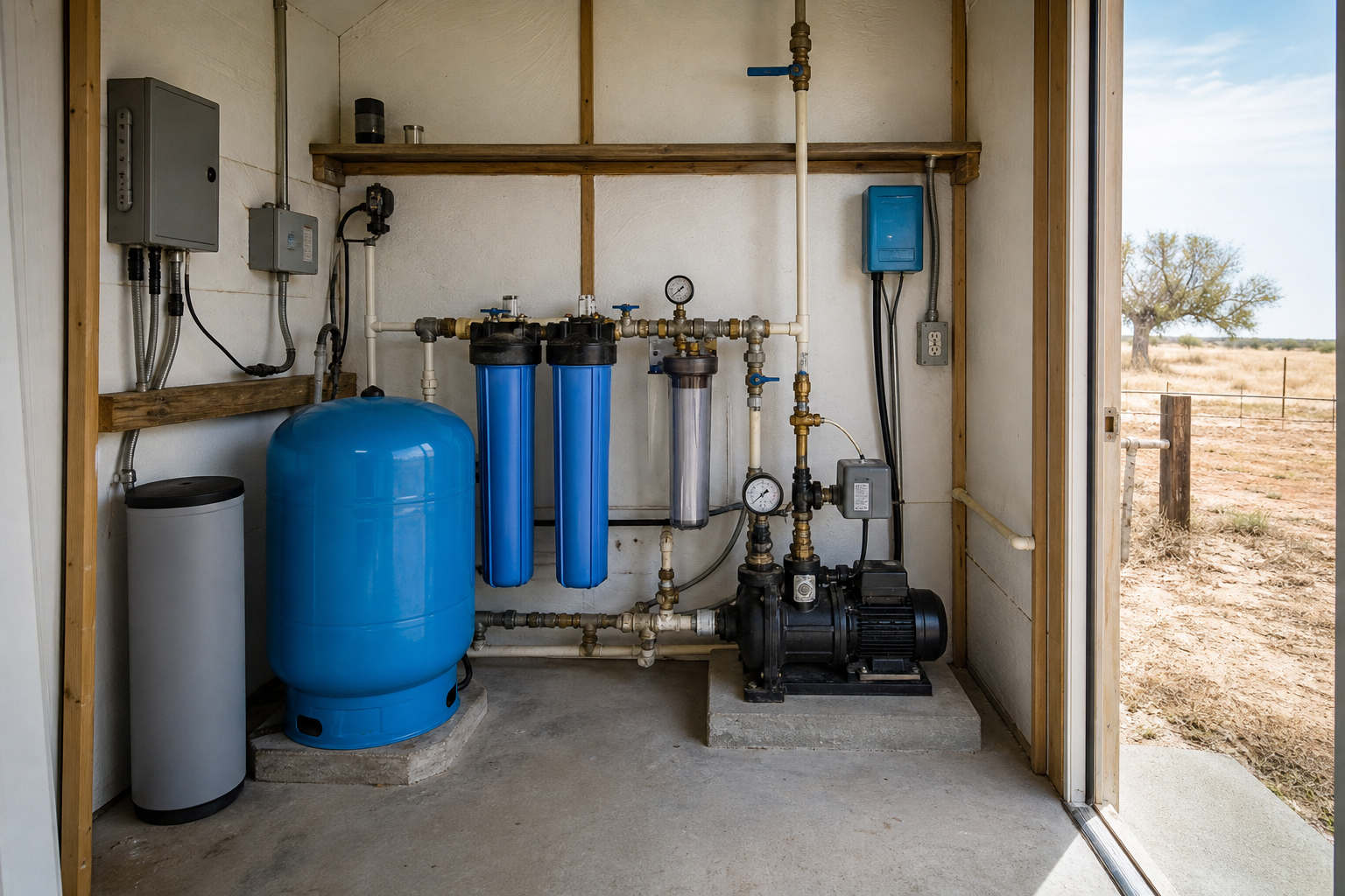 Private well pressure and filtration equipment near Bronte in Coke County Texas Coke County Texas private well pressure system inside rural Bronte pump house