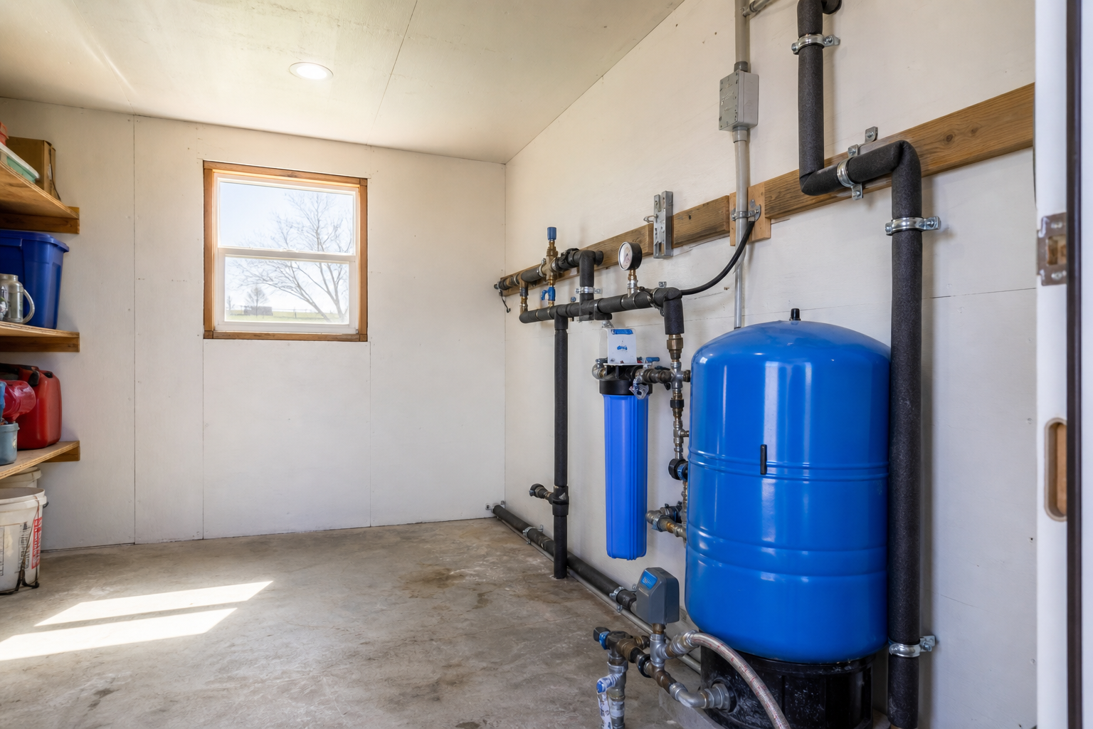Private well pressure and filtration equipment near Quail in Collingsworth County Texas Collingsworth County Texas private well pressure system inside rural Quail pump house