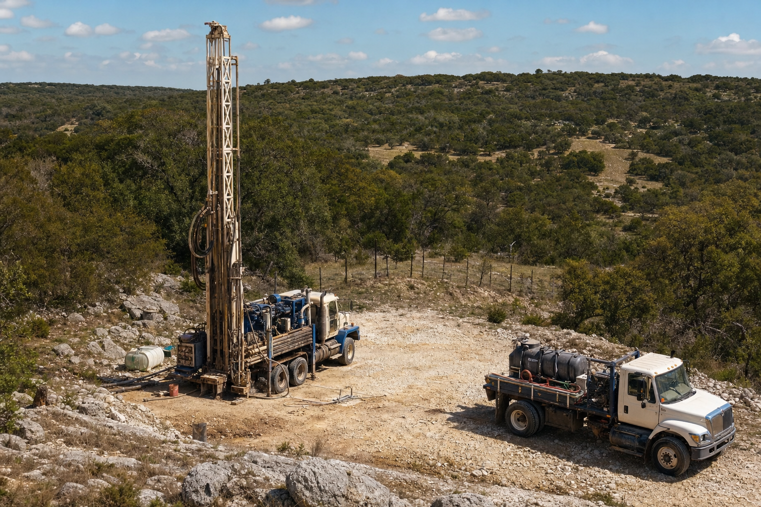 Rural water well drilling work site near Bulverde in Comal County Texas Comal County Texas rural water well drilling site on limestone acreage near Bulverde