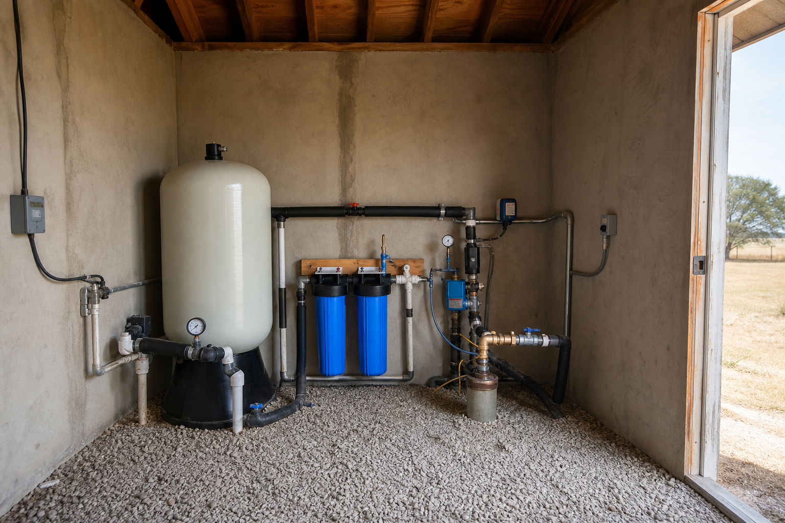 Concho County Texas private well pressure system inside Paint Rock ranch pump house