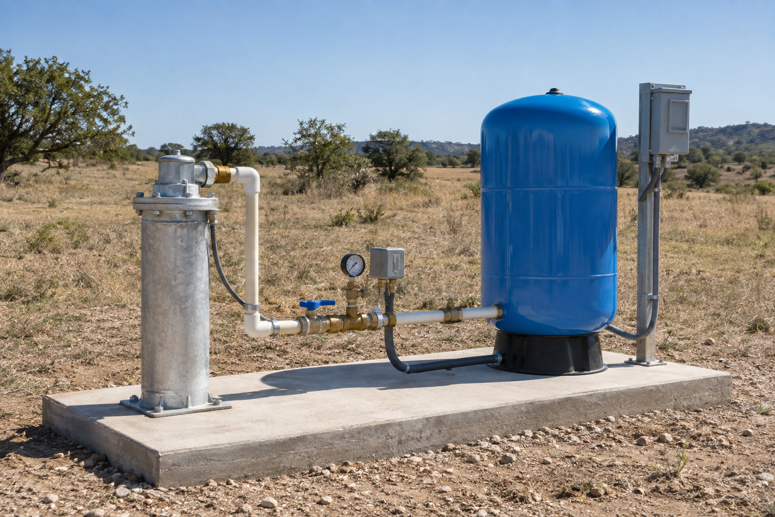 Sanitary water wellhead and pressure system for Concho County Texas planning