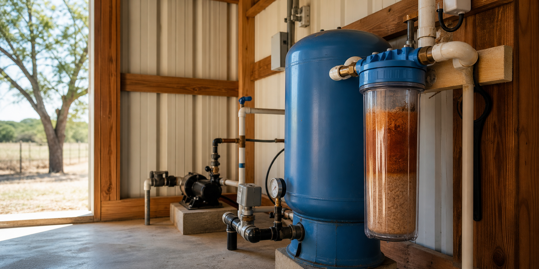 Texas well water sediment filter clogging inside a rural pump house