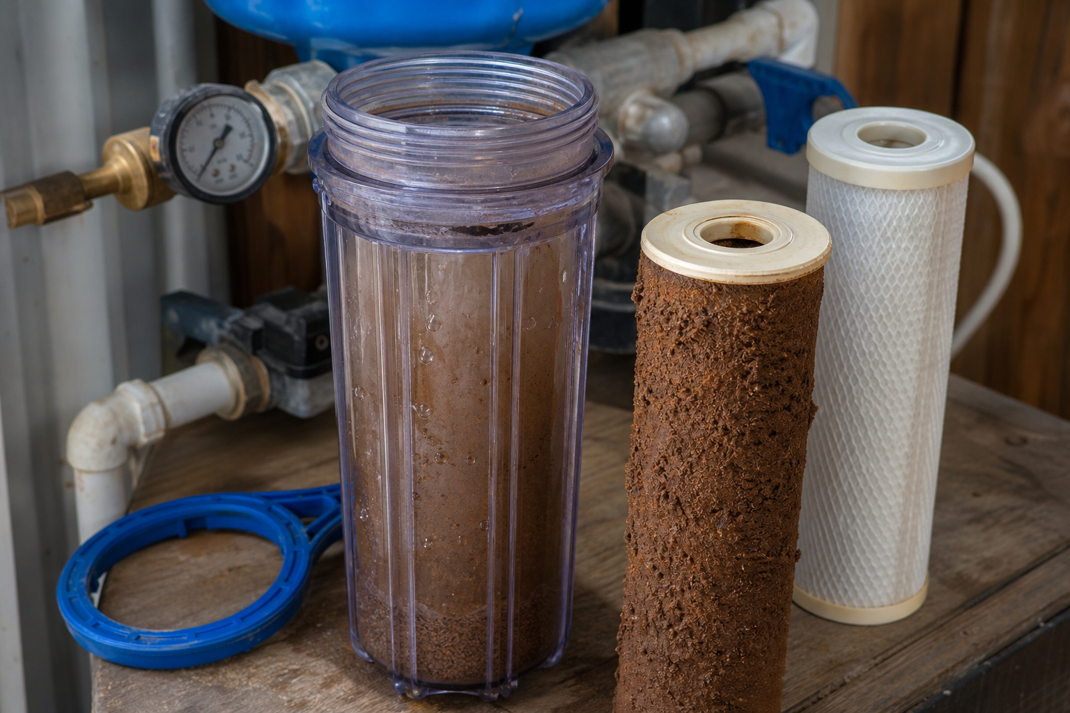 Clogged sediment filter cartridge from Texas well water next to replacement cartridge