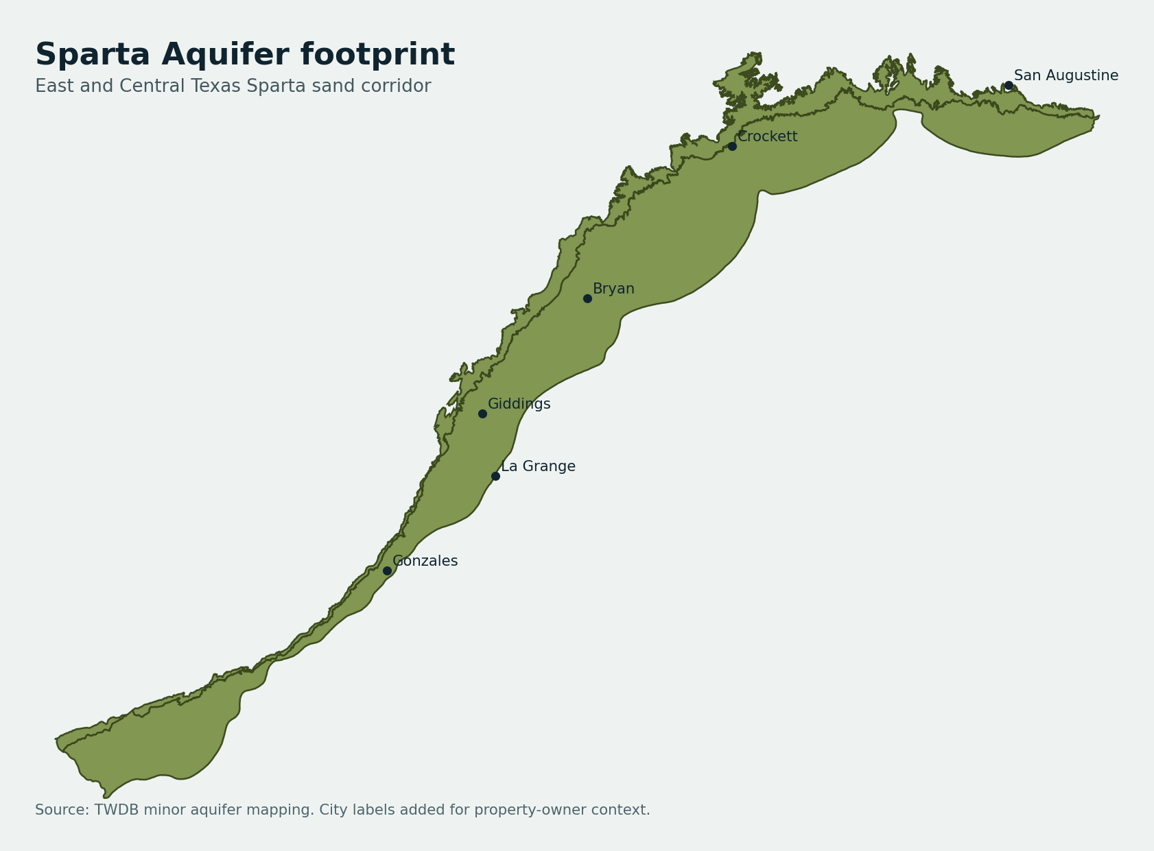 Sparta Aquifer Texas coverage map across East and Central Texas