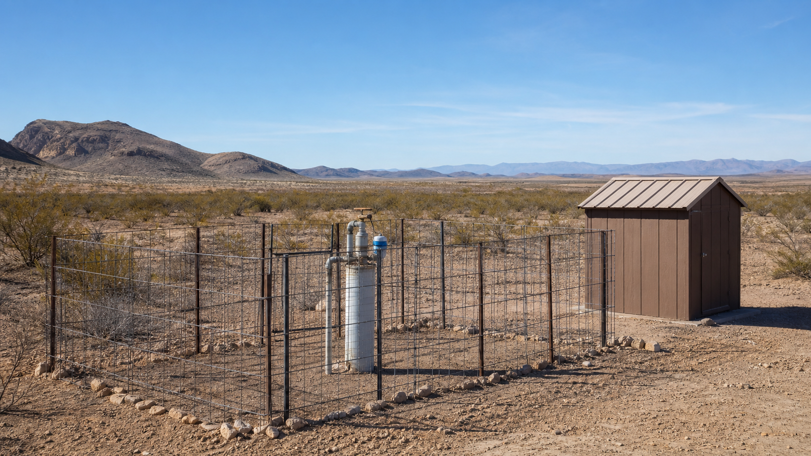 Brewster County Texas fenced private wellhead and small utility shed on a high desert ranch homesite near Alpine and Marathon