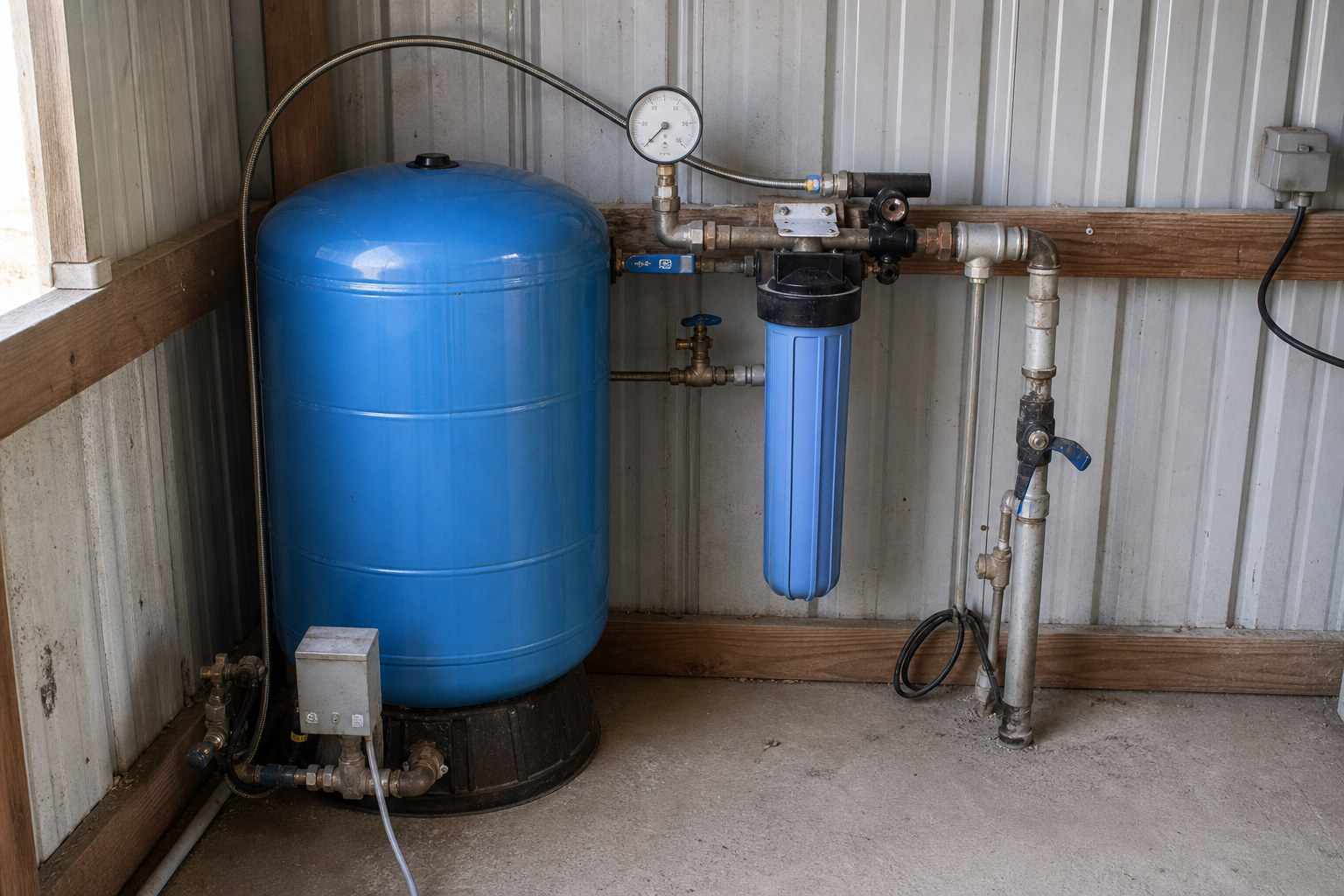 Brewster County Texas private well pressure tank and filter setup Brewster County Texas private well pressure tank, filter housing, and plumbing inside a ranch pump house