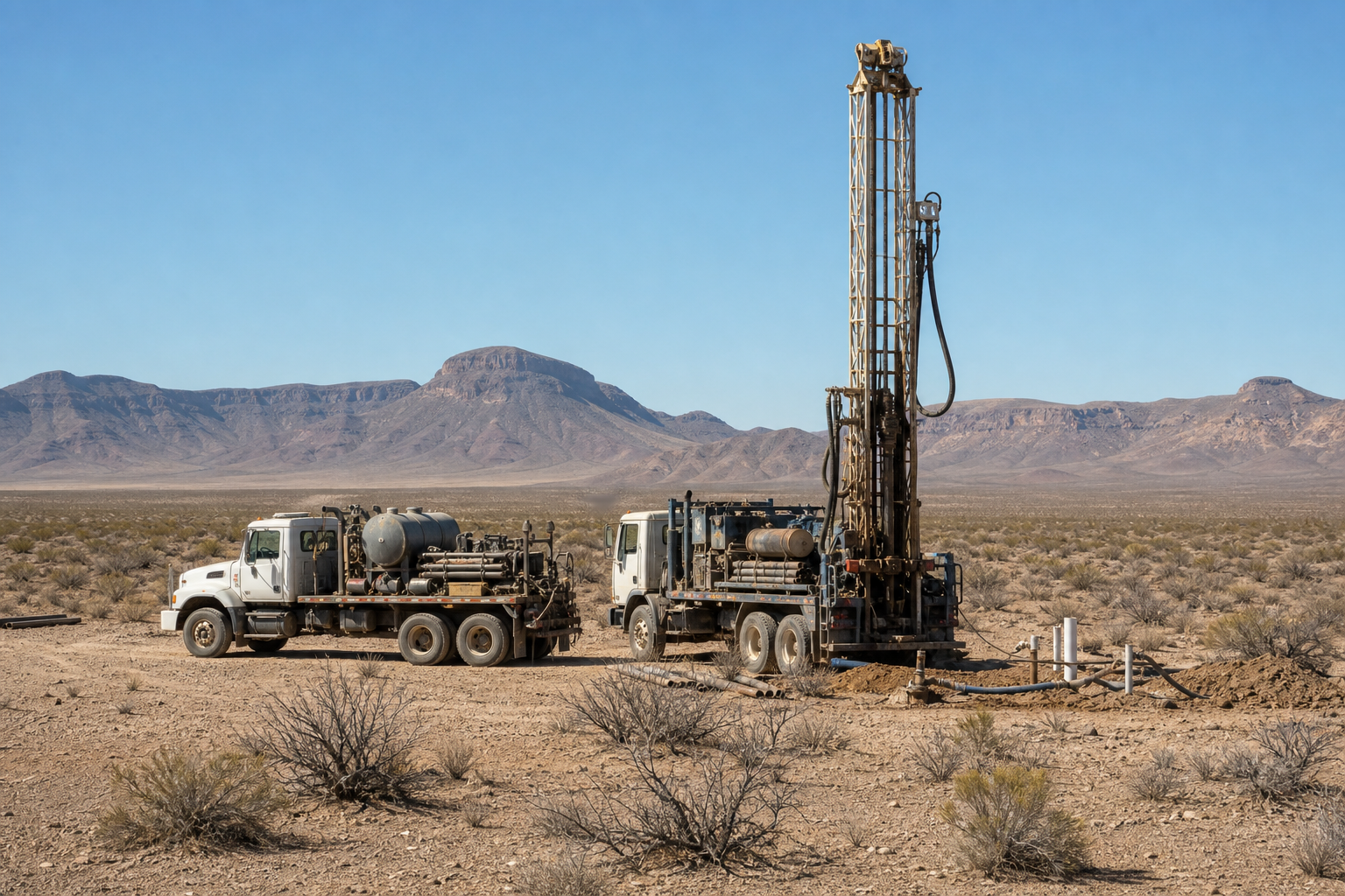 Brewster County Texas Trans-Pecos drilling site and water well rig Brewster County Texas Trans-Pecos drilling site with water well rig and support truck on desert ranch acreage