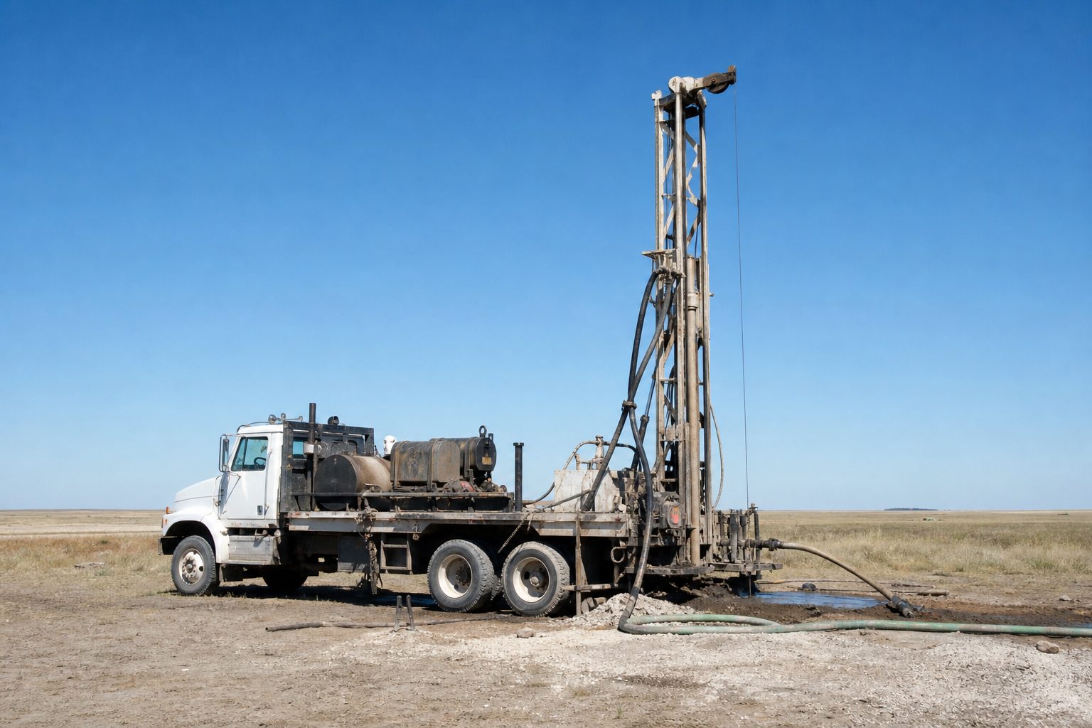 Briscoe County Texas water well drilling rig and support truck on open Panhandle acreage under a clear High Plains sky