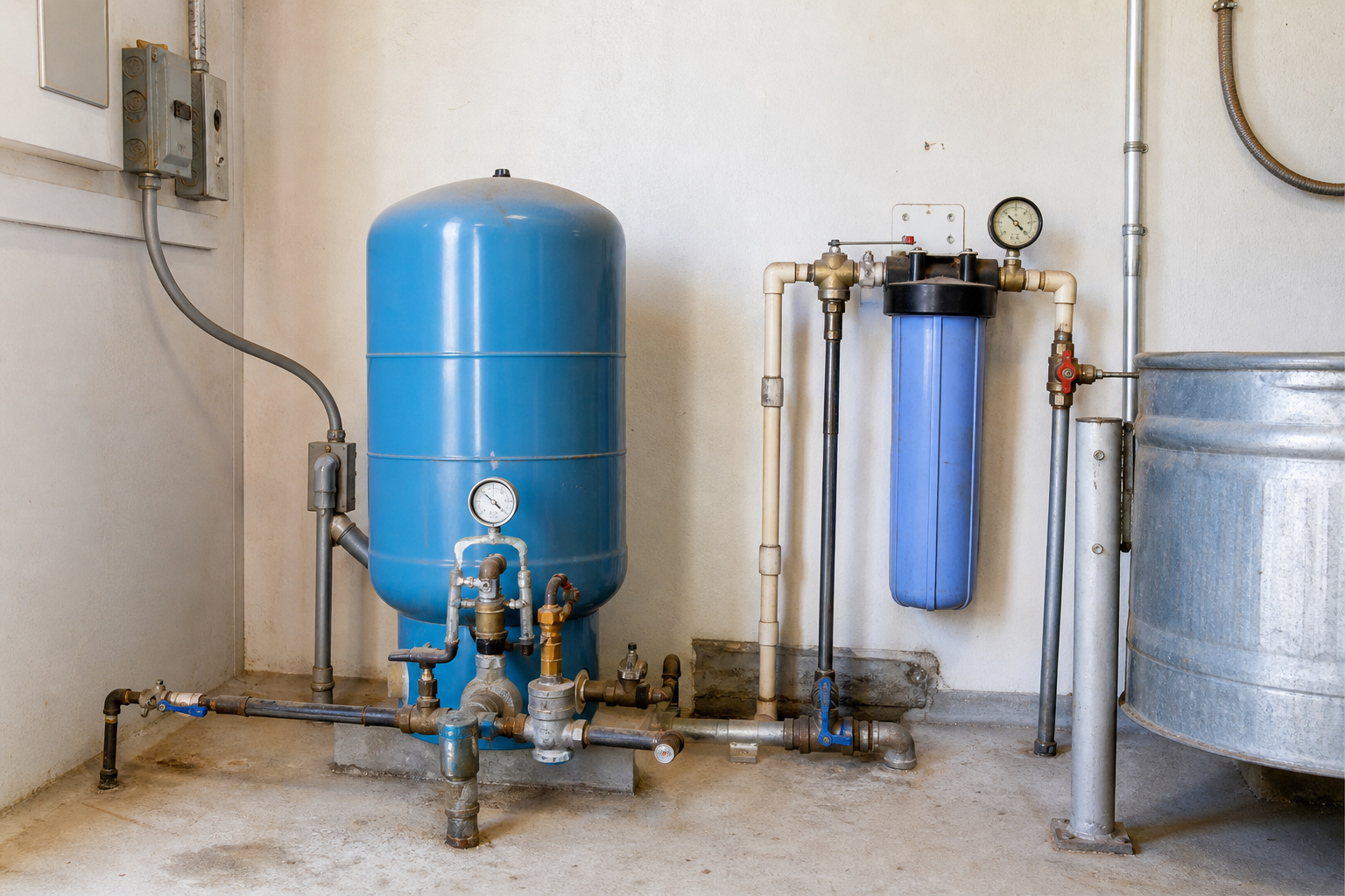 Briscoe County Texas private well pressure tank, filter housing, and utility-room plumbing inside a Panhandle pump house