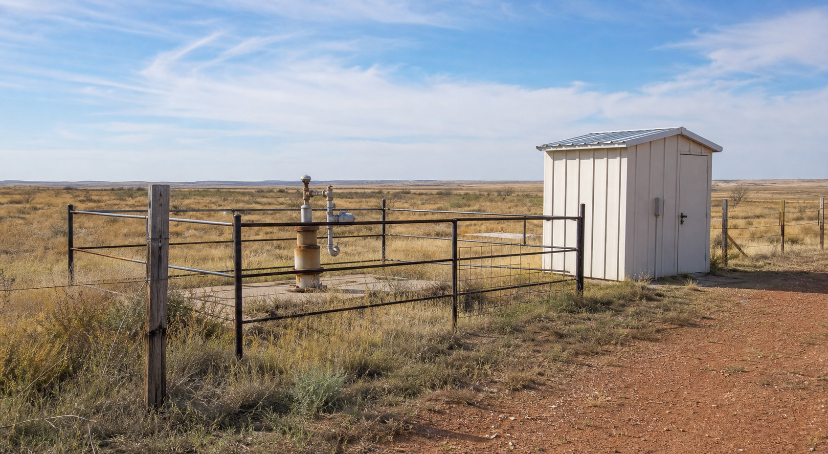 Briscoe County Texas fenced private wellhead and utility shed on open High Plains acreage near Silverton