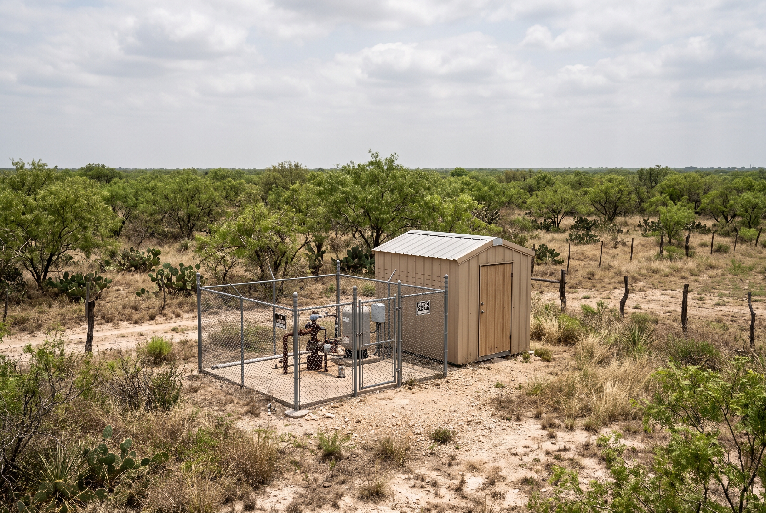 Brooks County Texas fenced private wellhead and utility shed on South Texas Brush Country ranchland near Falfurrias