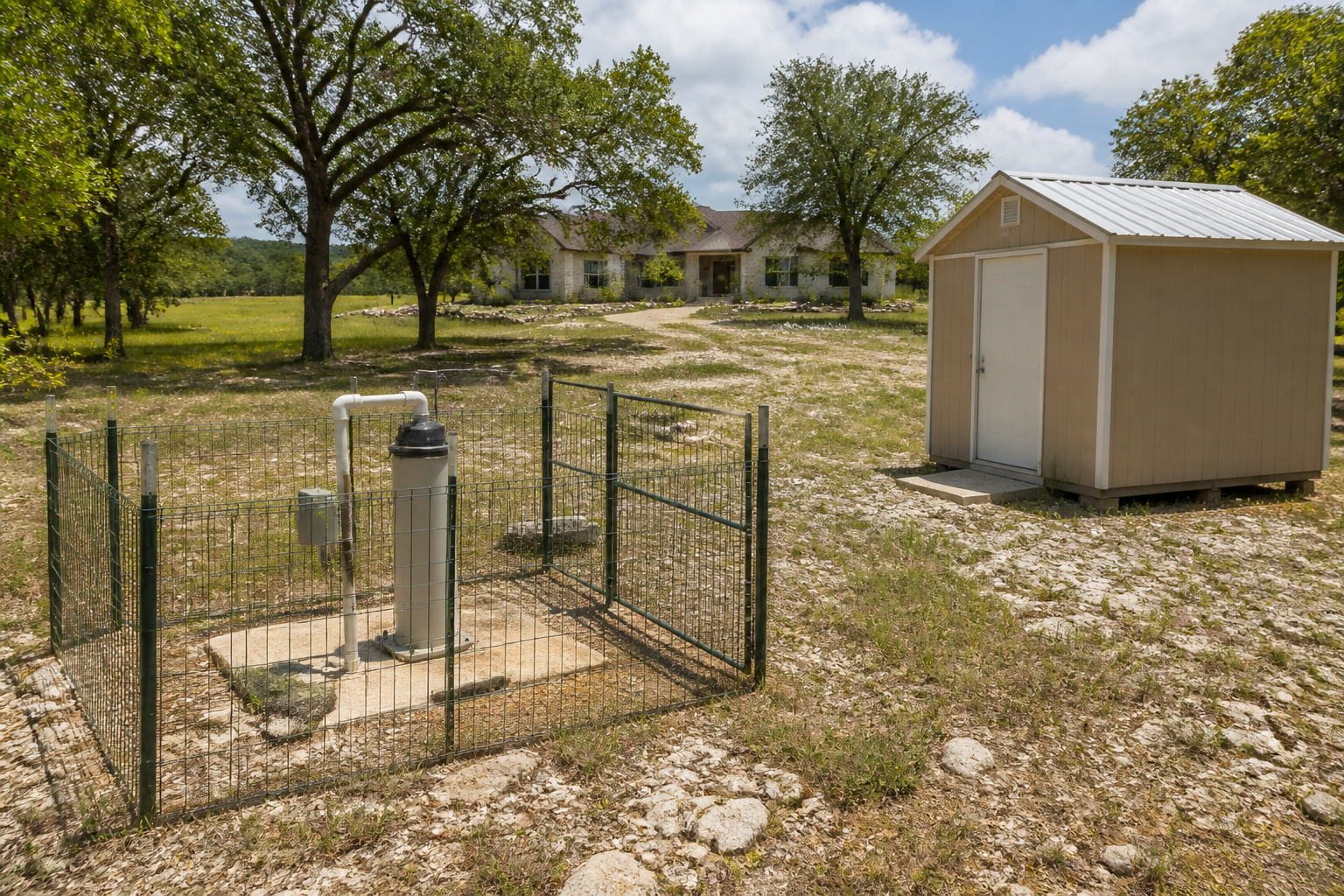 Wellhead placement and site-access planning Fenced private wellhead, service shed, and rocky acreage used to explain Burnet County site planning