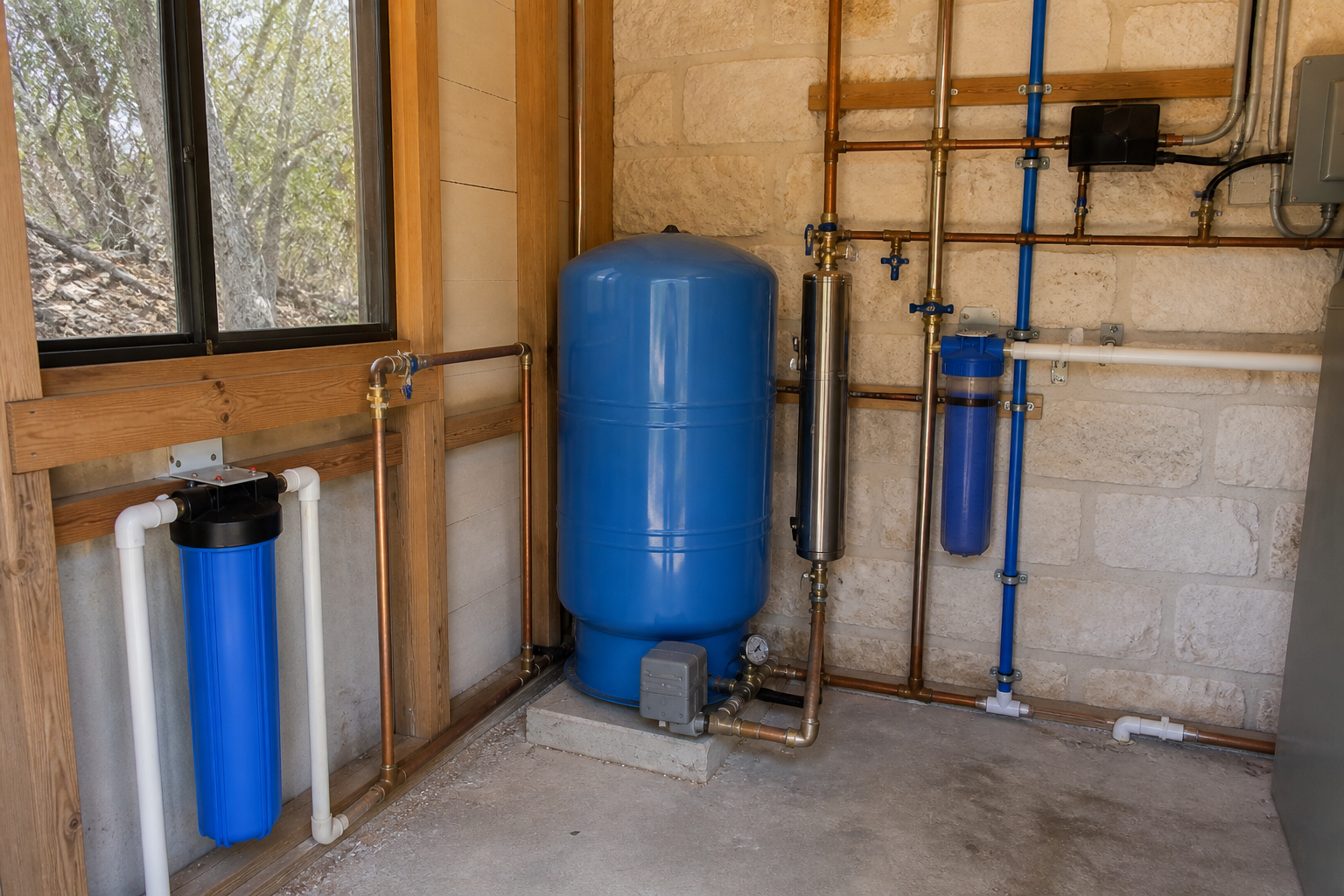 Pressure, filtration, and service-access planning Private-well pressure tank, sediment filter, and serviceable plumbing used to explain whole-system scope