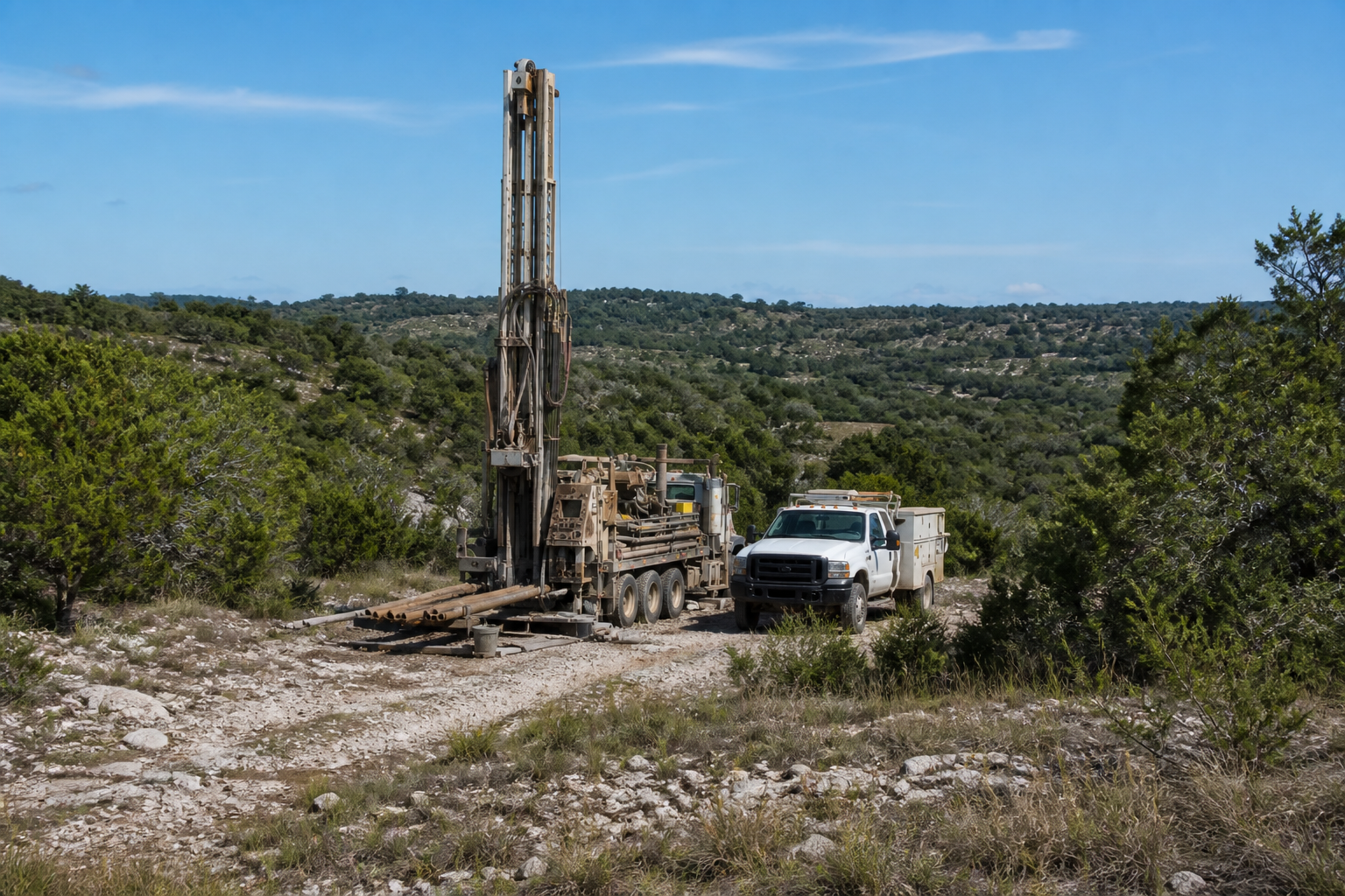 Burnet County Texas rural drilling site and water well rig Burnet County Texas water well drilling rig and service truck on rocky Hill Country acreage with cedar cover