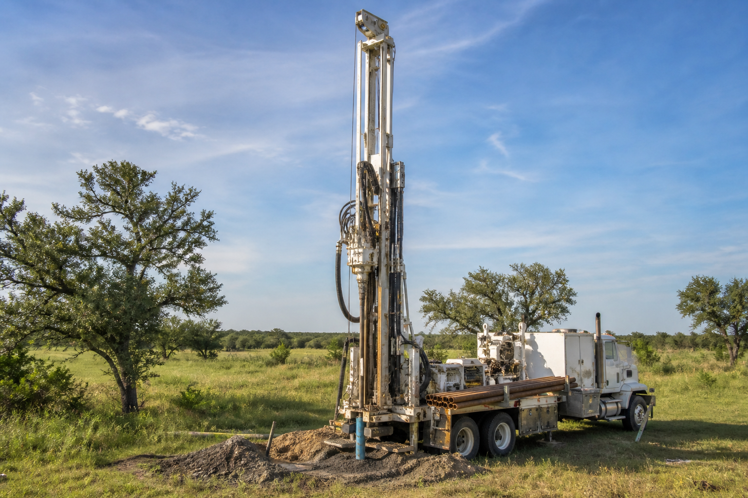 Calhoun County Texas water well drilling rig on coastal prairie acreage near Port Lavaca