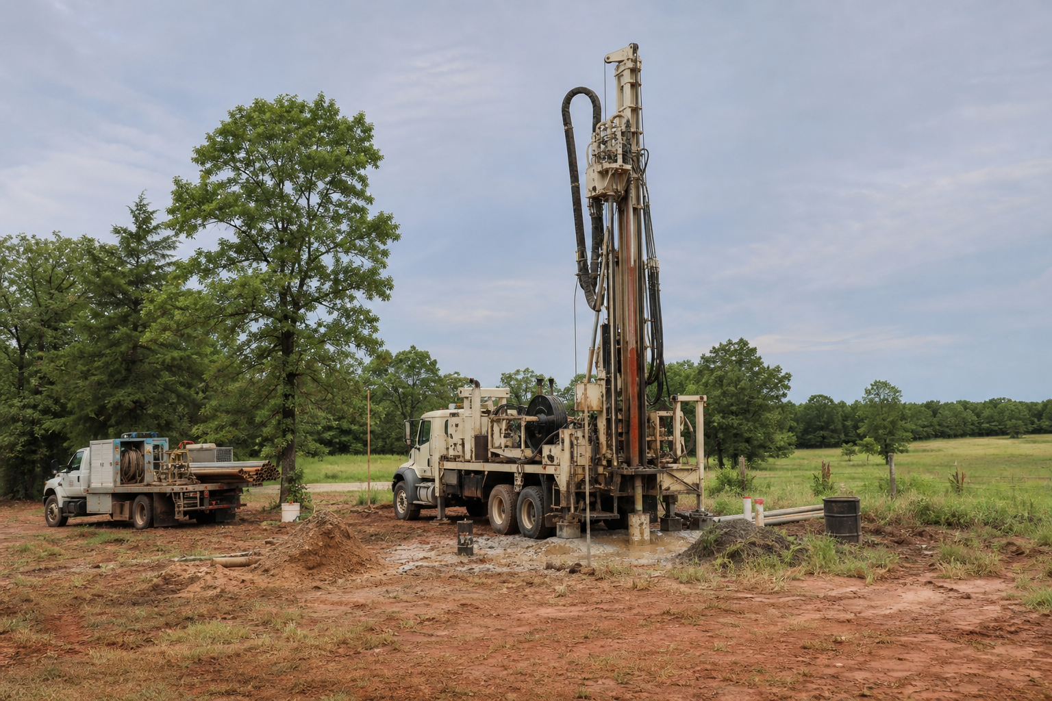 Camp County Texas water well drilling rig on rural acreage near Pittsburg