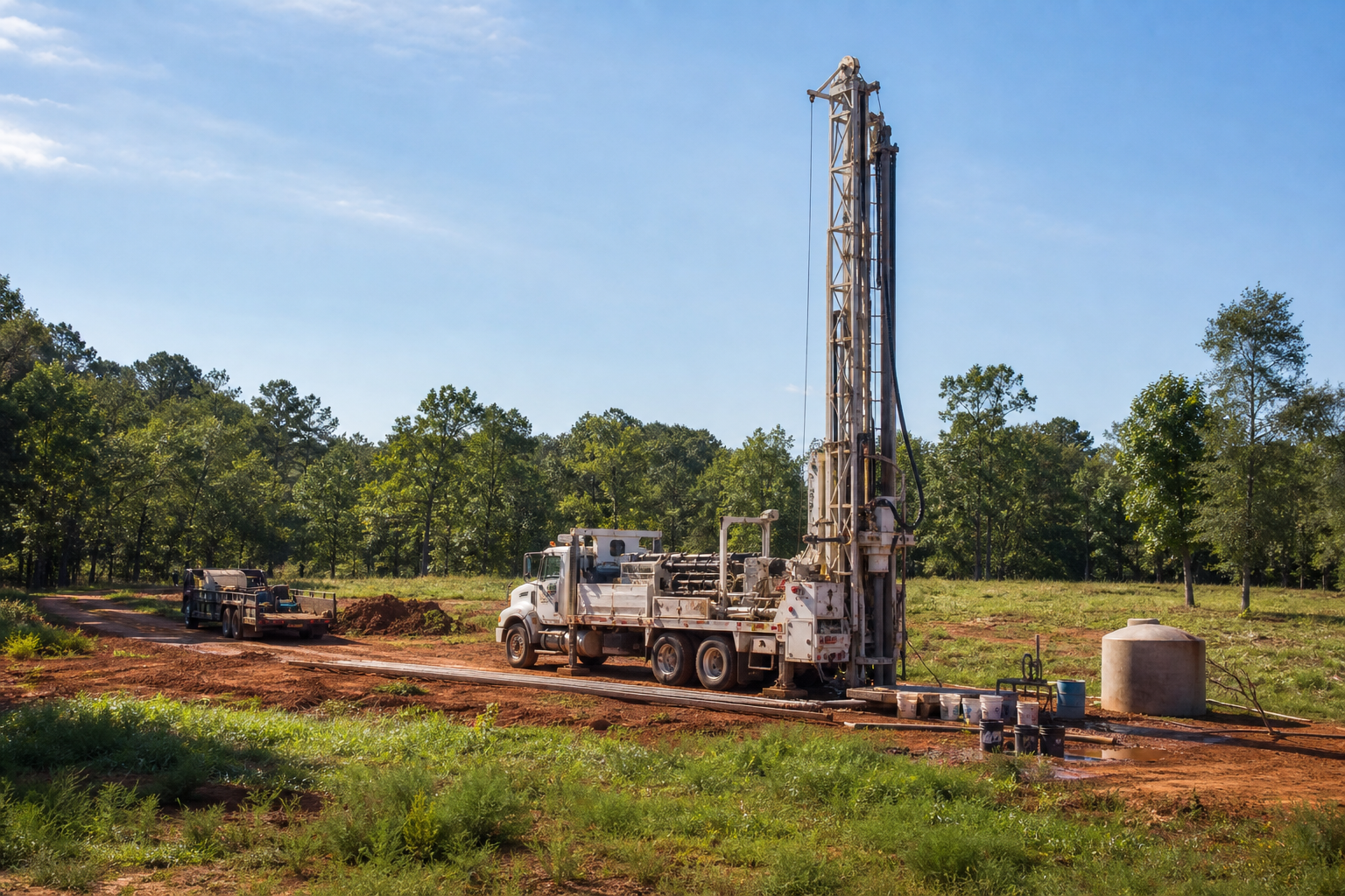 Cass County Texas water well drilling rig on rural acreage near Linden