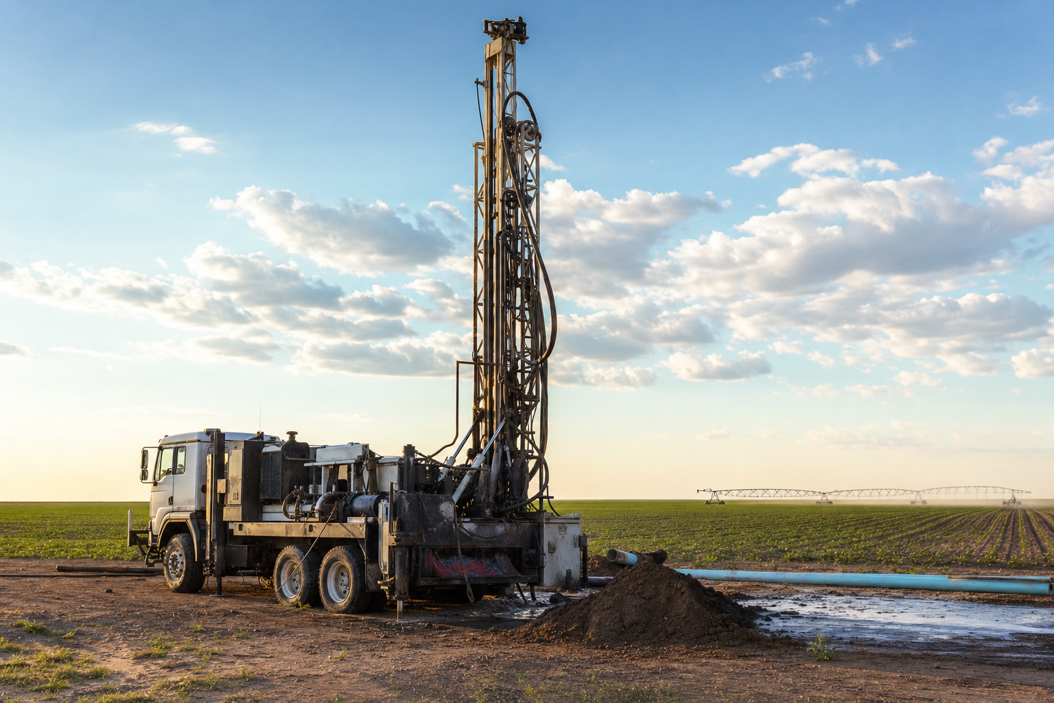 Water well drilling on Castro County farmland near Dimmitt Texas Castro County Texas water well drilling rig on farmland near Dimmitt