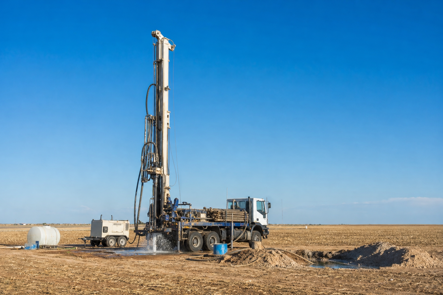 Cochran County Texas water well drilling rig on farmland near Morton