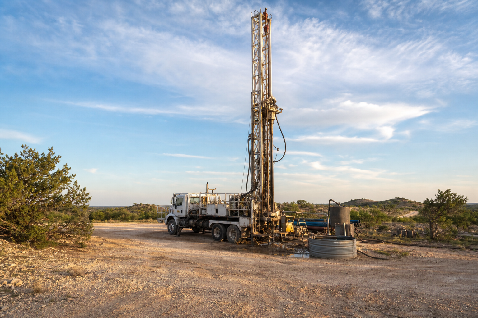 Water well drilling on Coke County ranchland near Robert Lee Texas Coke County Texas water well drilling rig on ranchland near Robert Lee