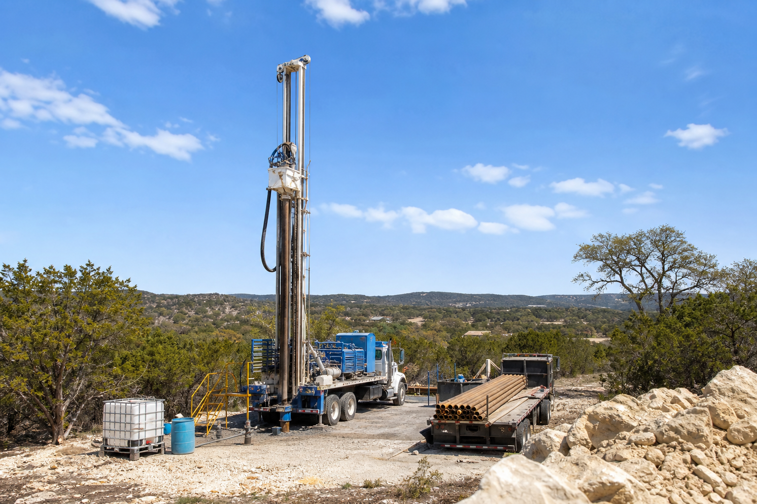 Water well drilling on Comal County Hill Country acreage near Spring Branch Texas Comal County Texas water well drilling rig on Hill Country acreage near Spring Branch