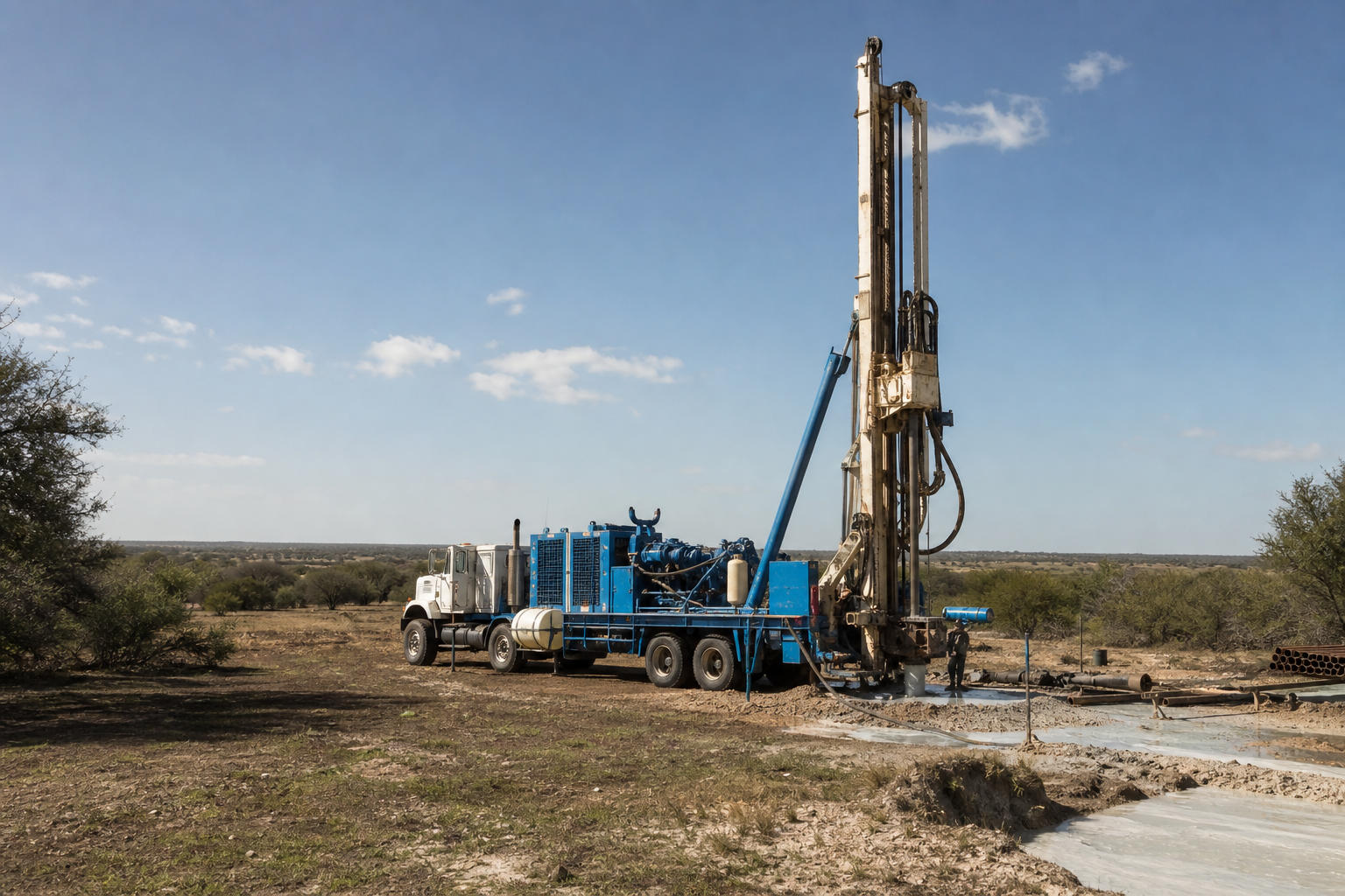 Concho County Texas water well drilling rig on rural ranchland near Eden