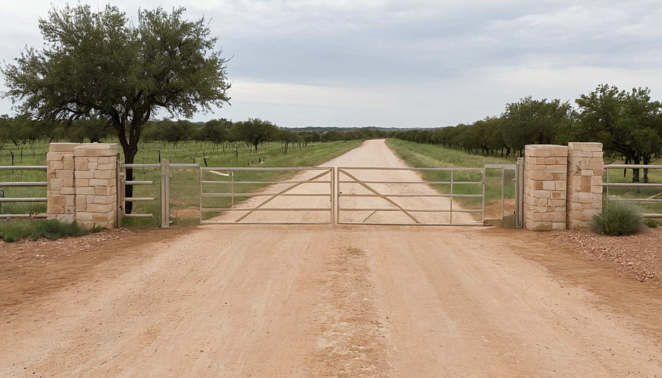 Crushed-limestone Hill Country access lane with orchard and vineyard context for Gillespie County equipment-access review