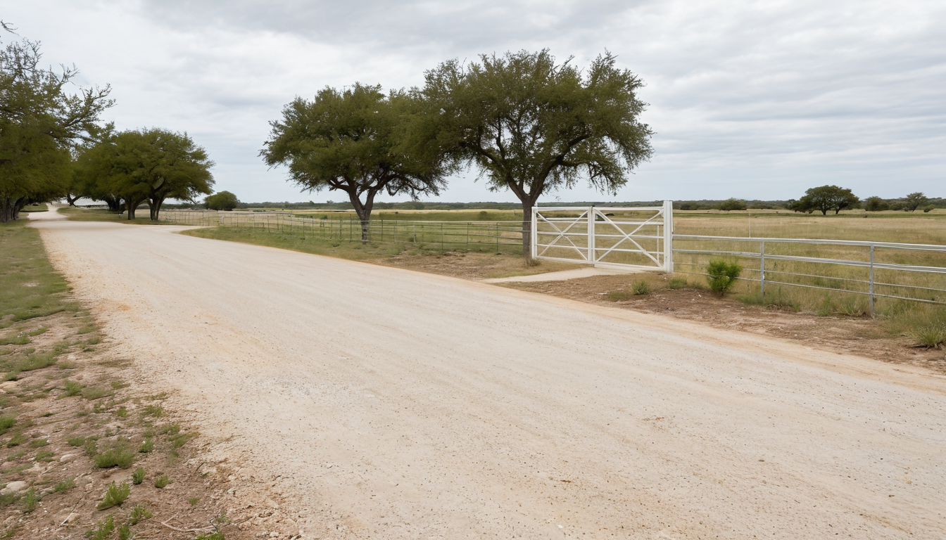 Property access and staging for a Guadalupe County drilling quote Broad limestone aggregate access lane and open acreage entrance for Guadalupe County equipment-access review