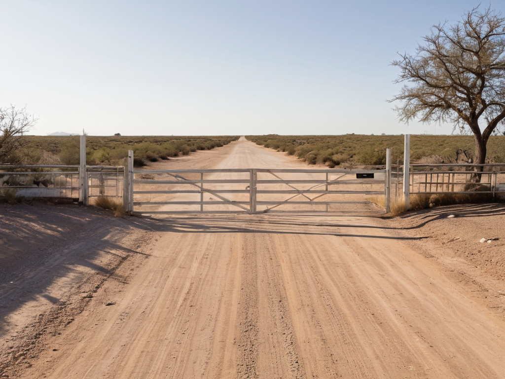 Broad stabilized caliche access road and gate for Midland County equipment-access planning