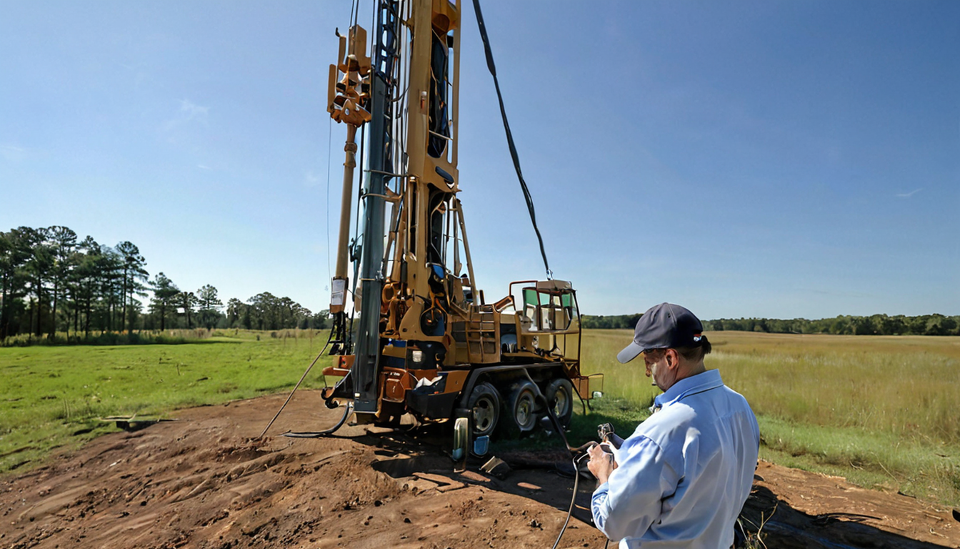 Water well drilling in Smith County Rotary water-well drilling rig operating on wooded East Texas acreage for Smith County