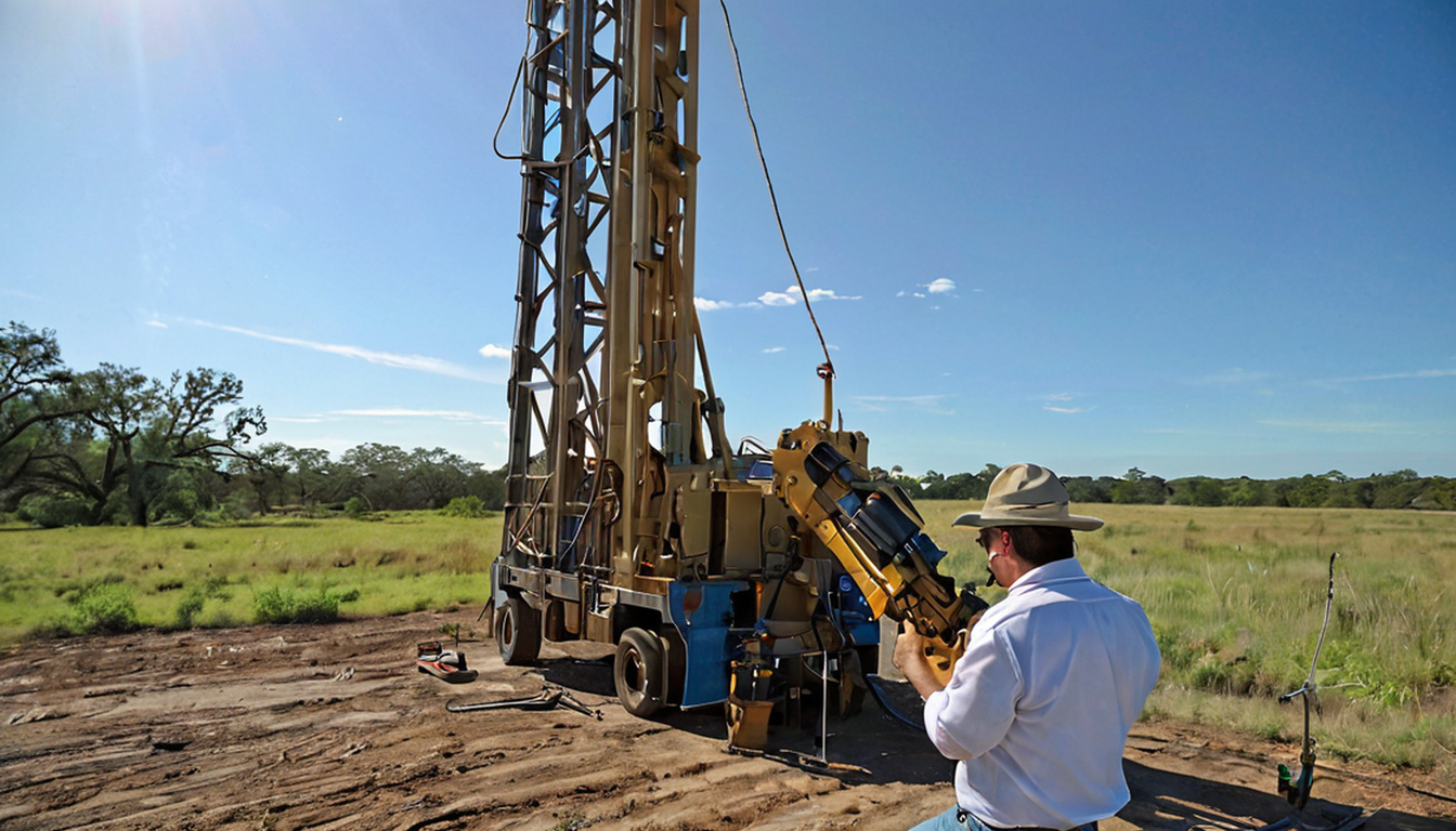 Active water-well drilling and organized casing setup Truck-mounted rotary water-well rig actively drilling on South Texas Coastal Plain acreage