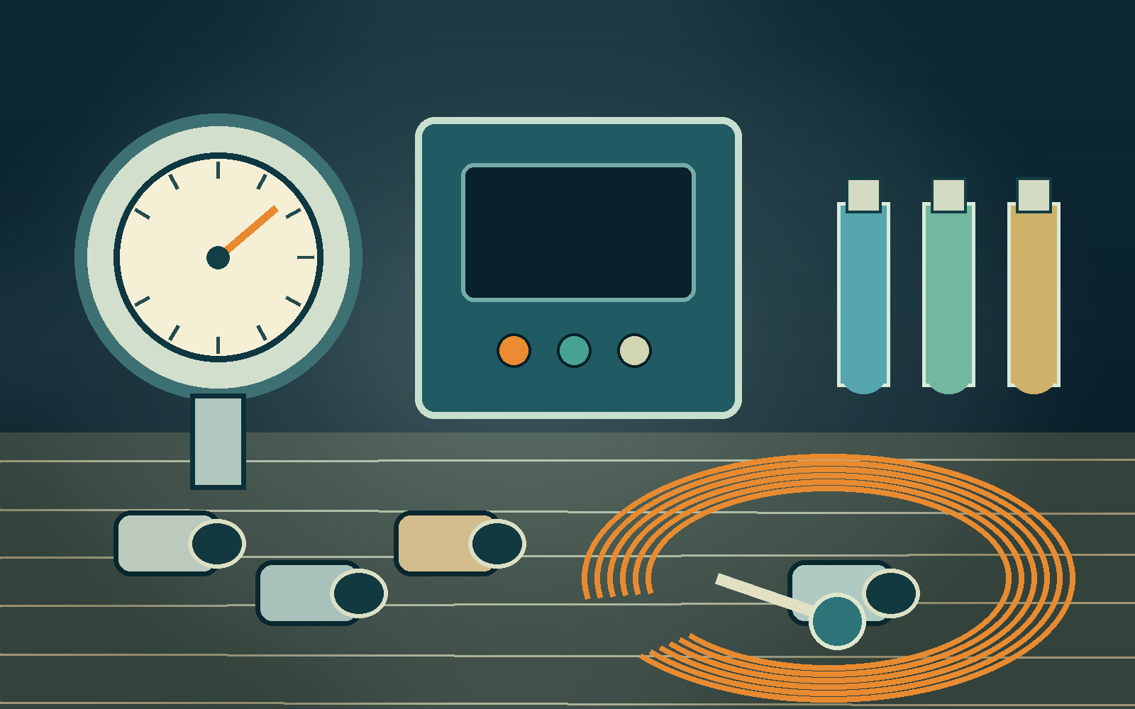 Water-system testing and pressure-planning illustration for Polk County Illustrated pressure gauge, controller, fittings, sample bottles, and test line for Polk County water-system planning