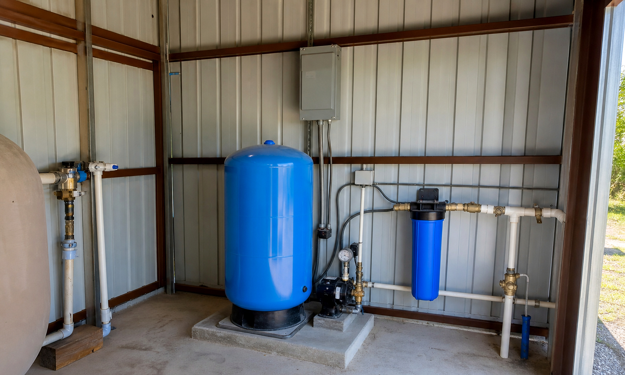 Pressure, pump, filtration, valve, piping, and electrical system scope Blue pressure tank, pump, pressure gauge and switch, filtration housing, valves, piping, and electrical service for whole-system planning