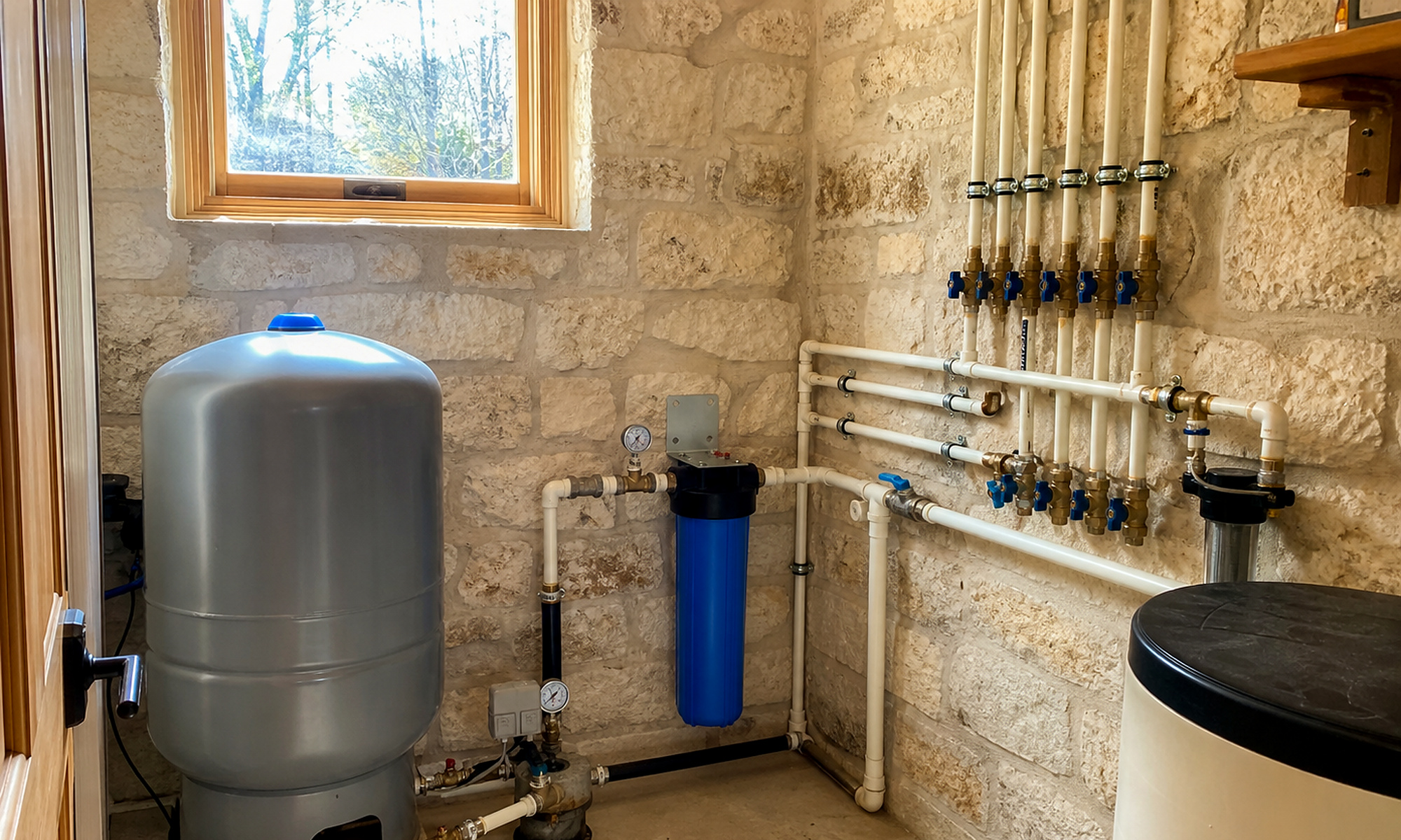 Pressure, control, filtration, storage, and electrical system planning Pressure tank, pressure switch, gauges, filters, plumbing manifold, isolation valves, storage vessel, and electrical controls