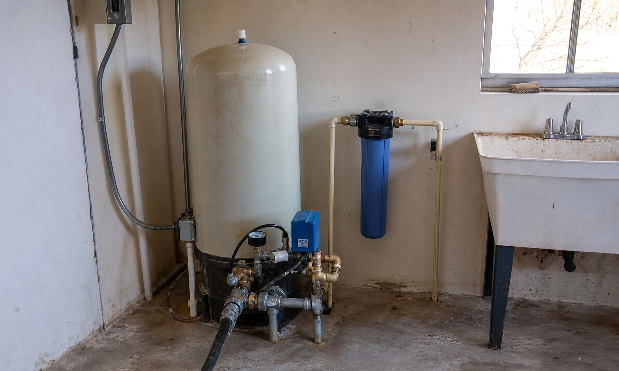 Pressure, control, filtration, and electrical system planning Pressure tank, pressure switch and control, gauge, pump and plumbing, sediment filter, electrical service, and sink for whole-system planning