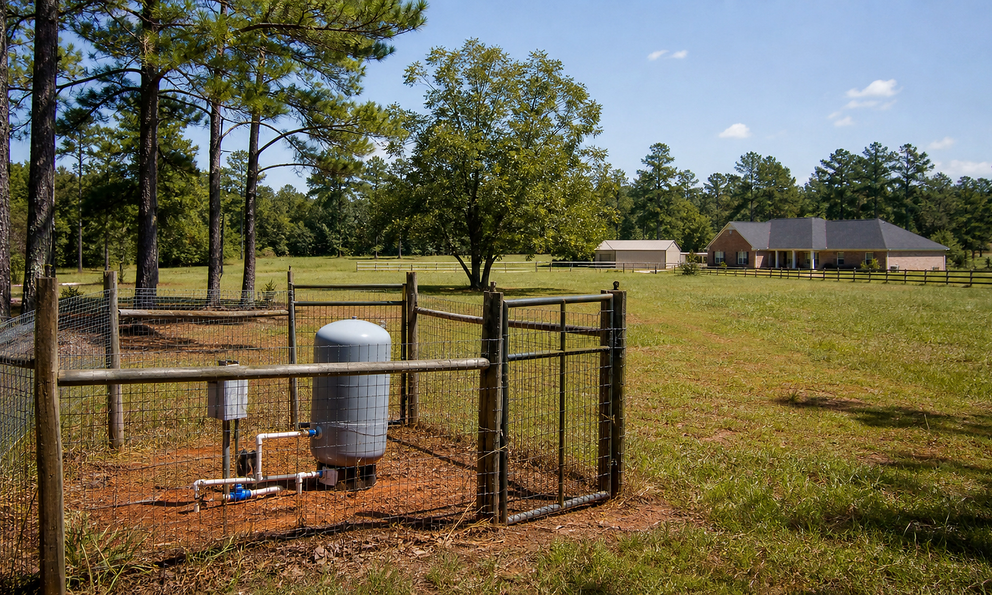 Fenced wellhead and pressure tank beside a gate, pasture access, and a distant homesite for property planning
